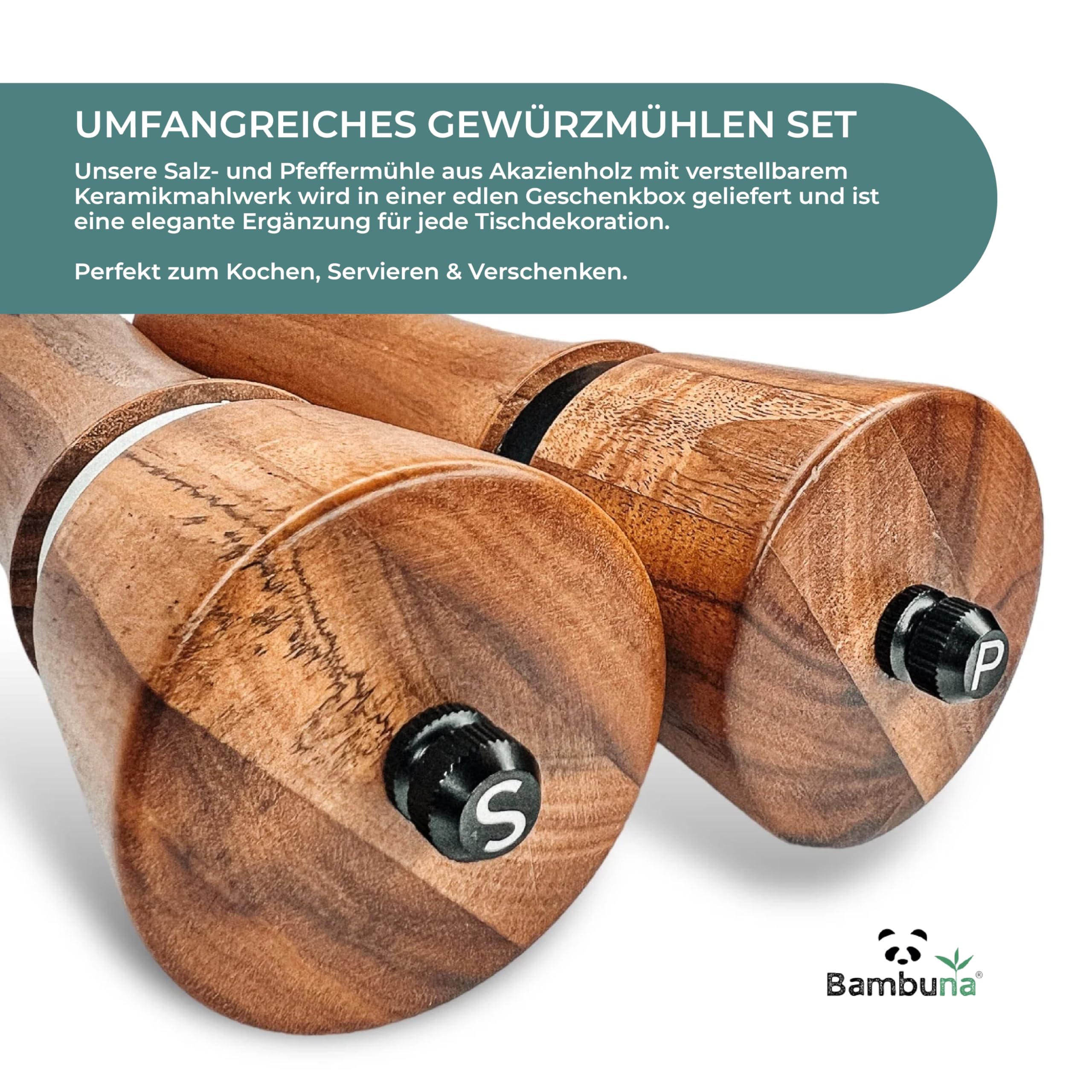 Bambuna Acacia Wood Salt and Pepper Mill Set, 5-Piece Spice Mill Set including Adjustable Ceramic Grinder - Image 4