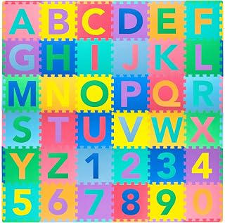 ProSource Kids Alphabet Numbers Shapes Foam Play Mat - 36 Tiles 12x12in + 24 Borders, 6x6ft Educational Puzzle Mat