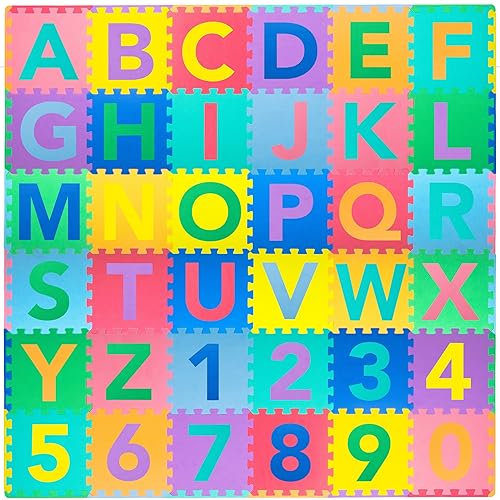 ProSource Kids Puzzle Alphabet & Numbers & Shapes Foam Play Mat 36 Tiles, 12"x12" and 24 Borders - Abc & 123