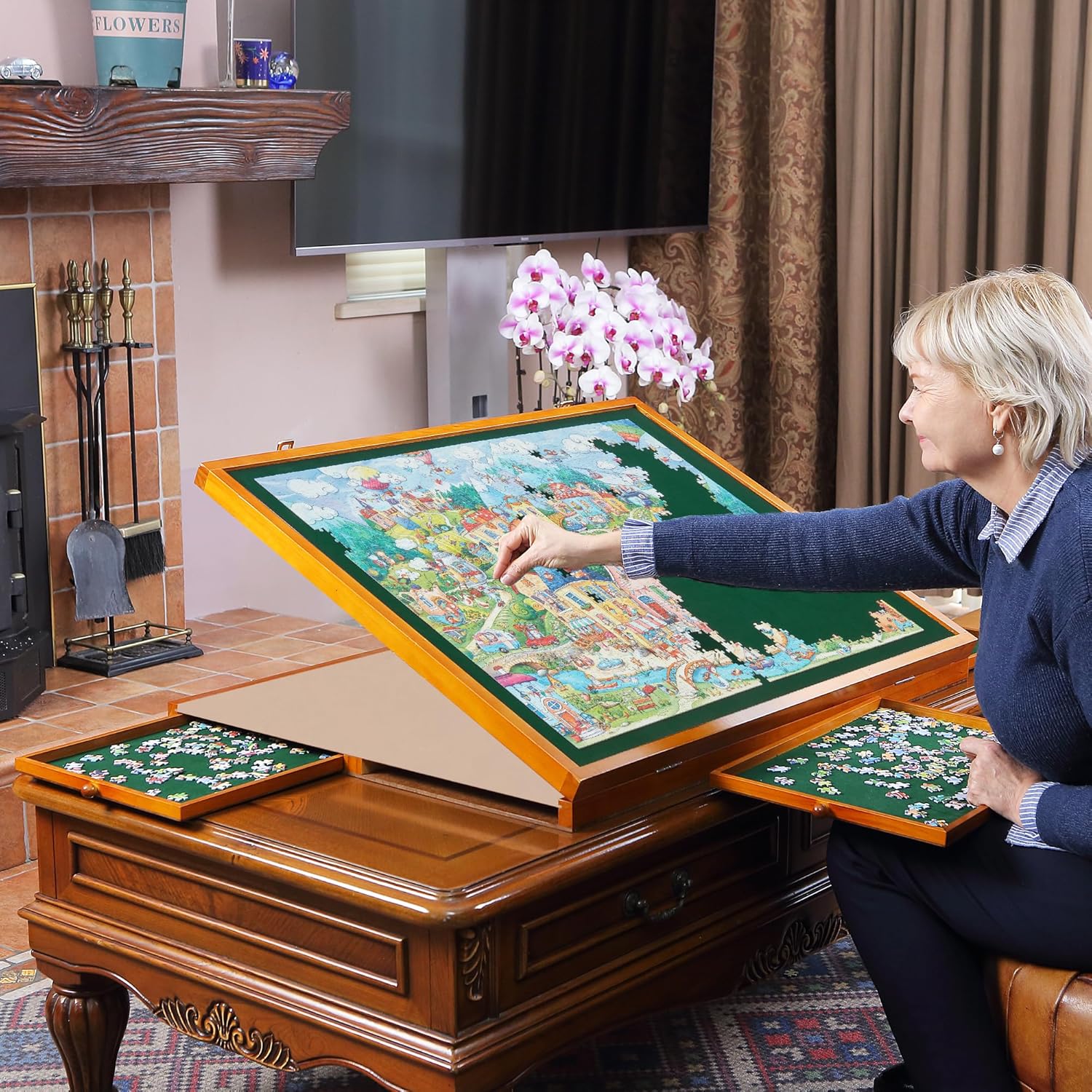 Heavy Duty Wooden Jigsaw Puzzle Board for 1500 Pieces Puzzle with Drawers and Cover, Adjustable Puzzle Table with Carry Handle, Portable Tilted Puzzle Easel for Adults