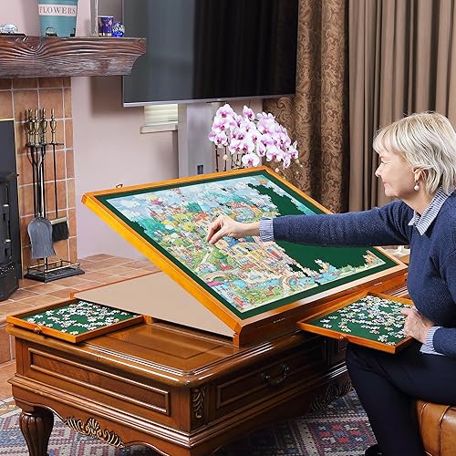 Miniatura 2 de YISHAN Tablero de rompecabezas de madera resistente para rompecabezas de 1500 piezas con cajones y cubierta, mesa de rompecabezas ajustable con asa