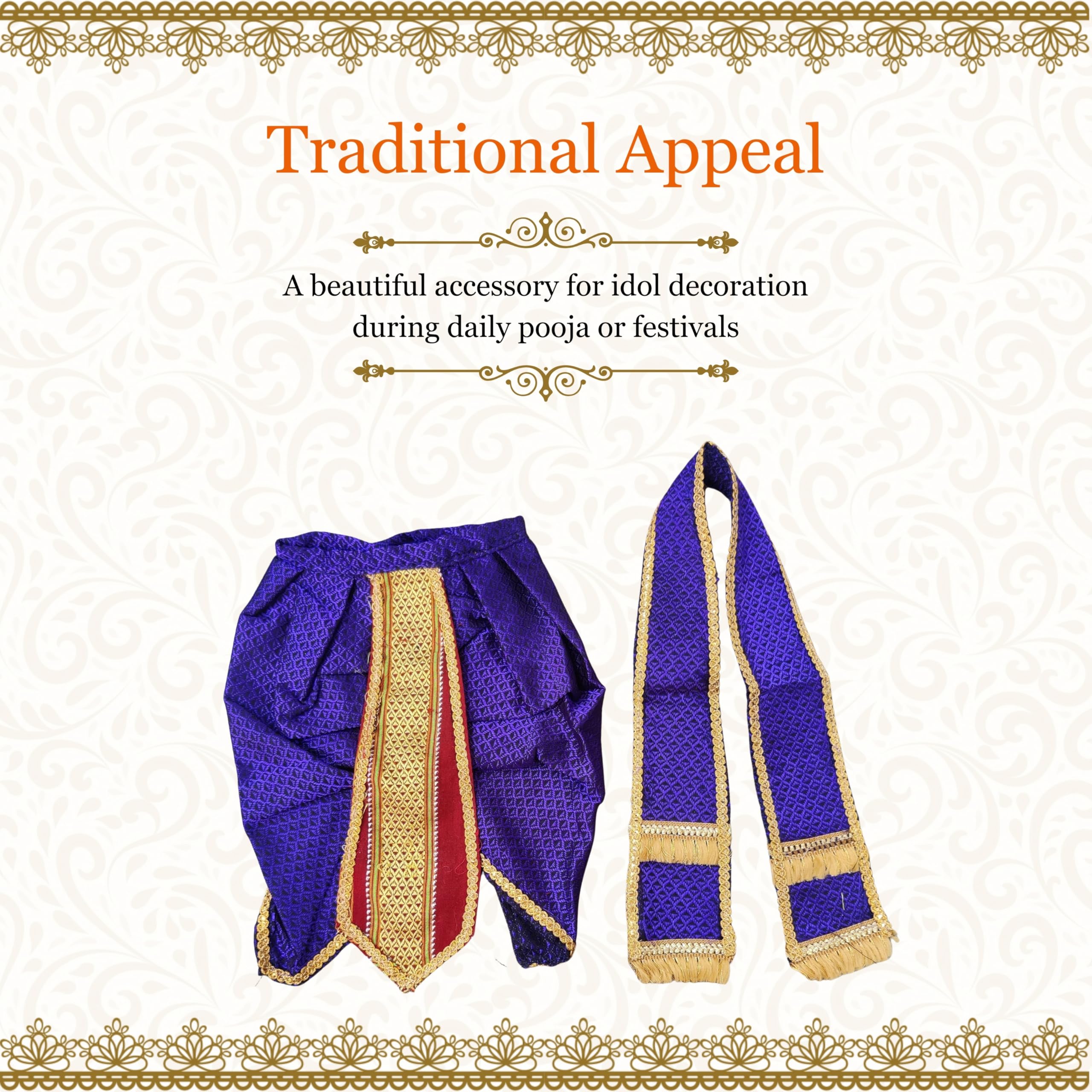 PUNYATVA Khun Dhotar Shela Set (Blue) | God Idol Dress – Dhoti, Khes, Patka, Uparna Vastra for Ganpati, Krishna, Balaji, Murugan, Isar Ji | Gangaur, Ganesh Chaturthi Decoration Accessories 4