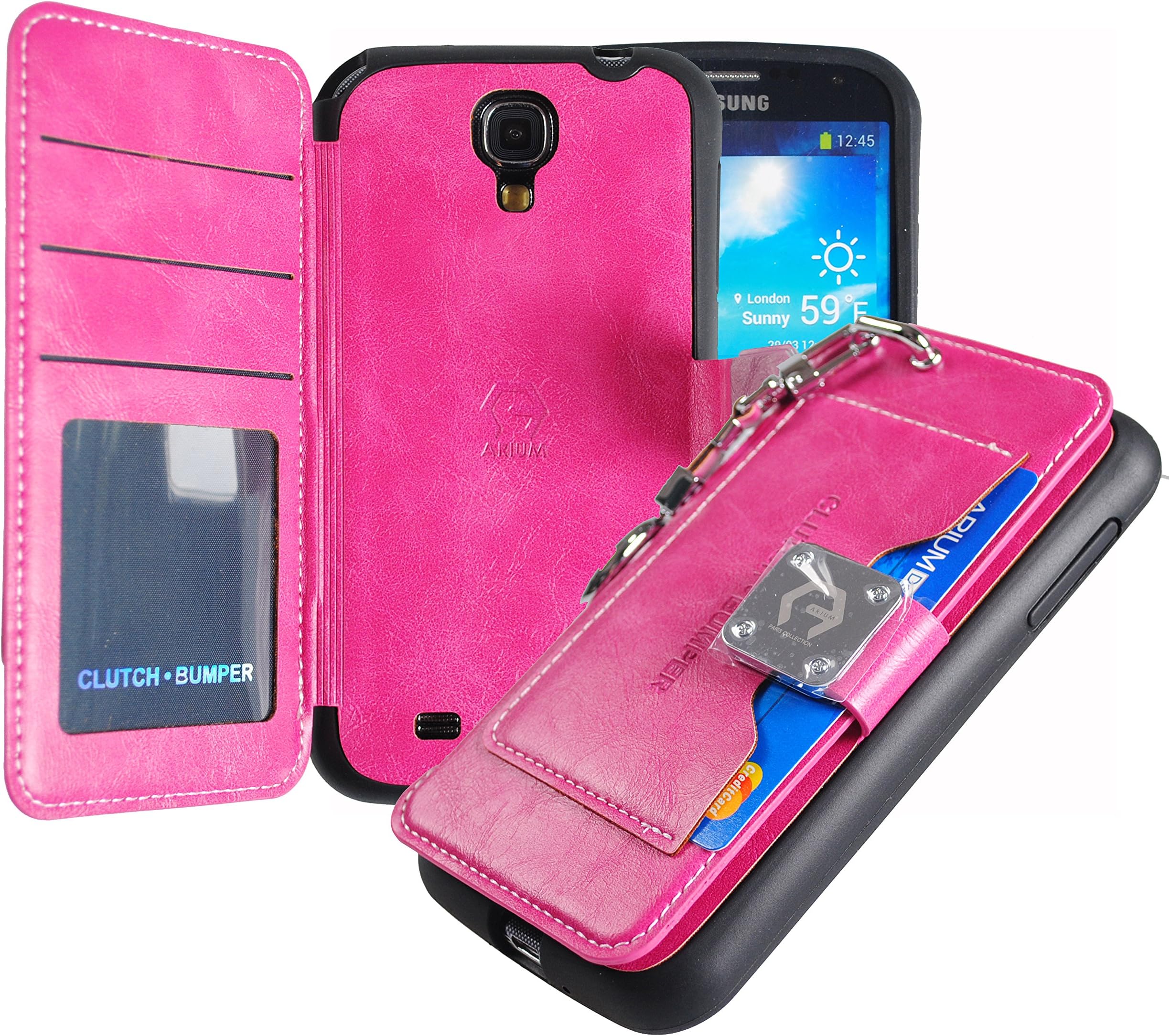 Galaxy S4 Case,[Pink] [Back Pocket Case] [5 Card Slot] Finger Holder Clip PU Leather TPU Bumper Clutch Case [Drop Protection] For Samsung Galaxy S4 ACS4PK