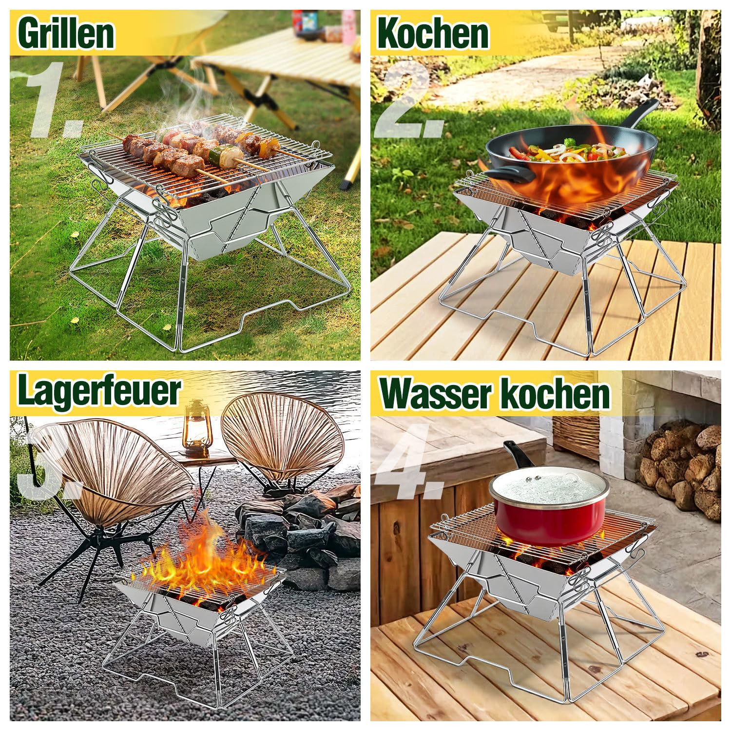 Faltbarer Grill aus 304 Edelstahl, Klappgrill mit Höhenverstellbarem Grillrost, Camping Grill kompakt & schnell aufgebaut, BBQ Grill für Garten, Balkon, Picknick und Outdoor mit Tragetasche
