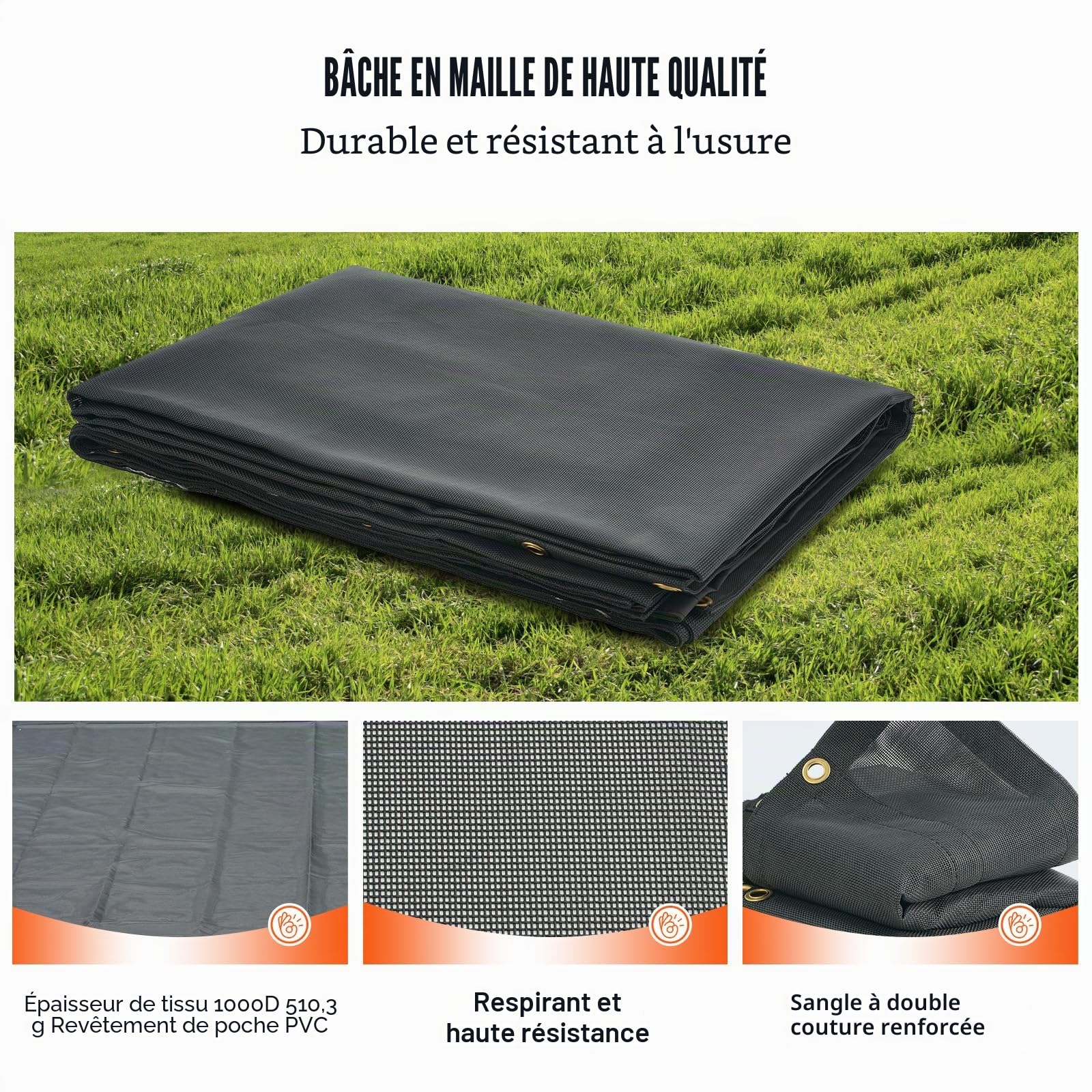 VEVOR Bâche en maille pour camion à benne basculante 1,5x4,3 m revêtement PVC noir avec double poche œillets en laiton sangle renforcée double couture pour camion à benne basculante manuel, électrique