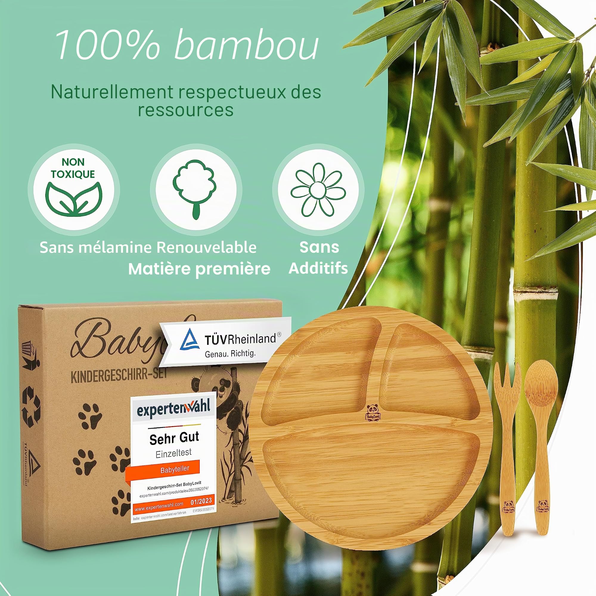 Ventouse pour bébé et cuillère en bambou naturel L'original «Bambol» de Babylovit | Forme de vache | Apprenez les plats | Boîte repas assiette