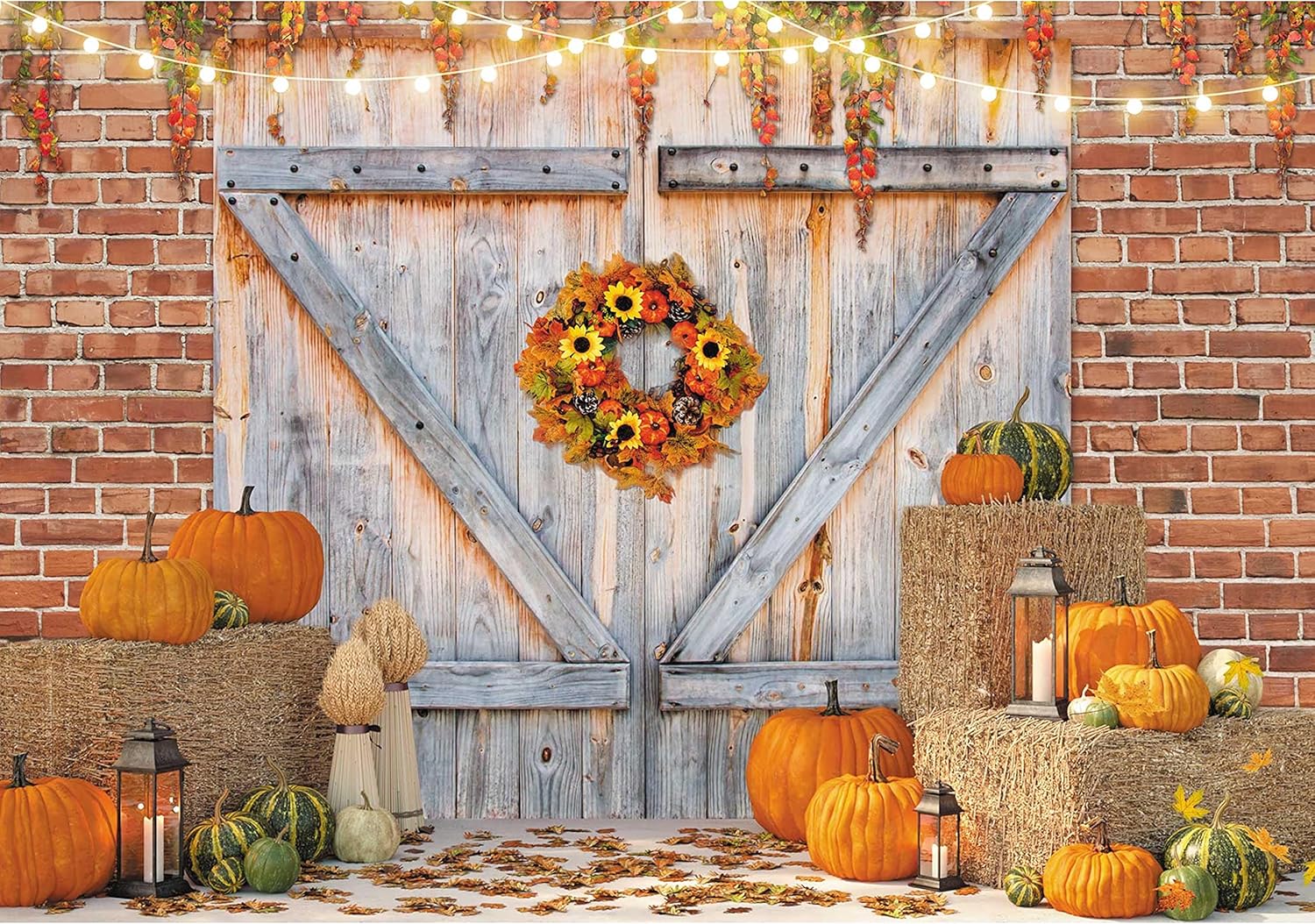 10x8ft Polyester Fall Rustic Farm Door Photography Backdrop Autumn Thanksgiving Pumpkin Harvest Barn Background for Children Birthday Party Banner Decoration Photobooth