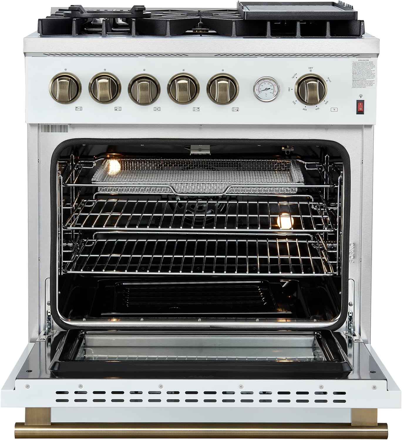FORNO - 30" Gas Range 5 Burners with griddle and air fryer in White