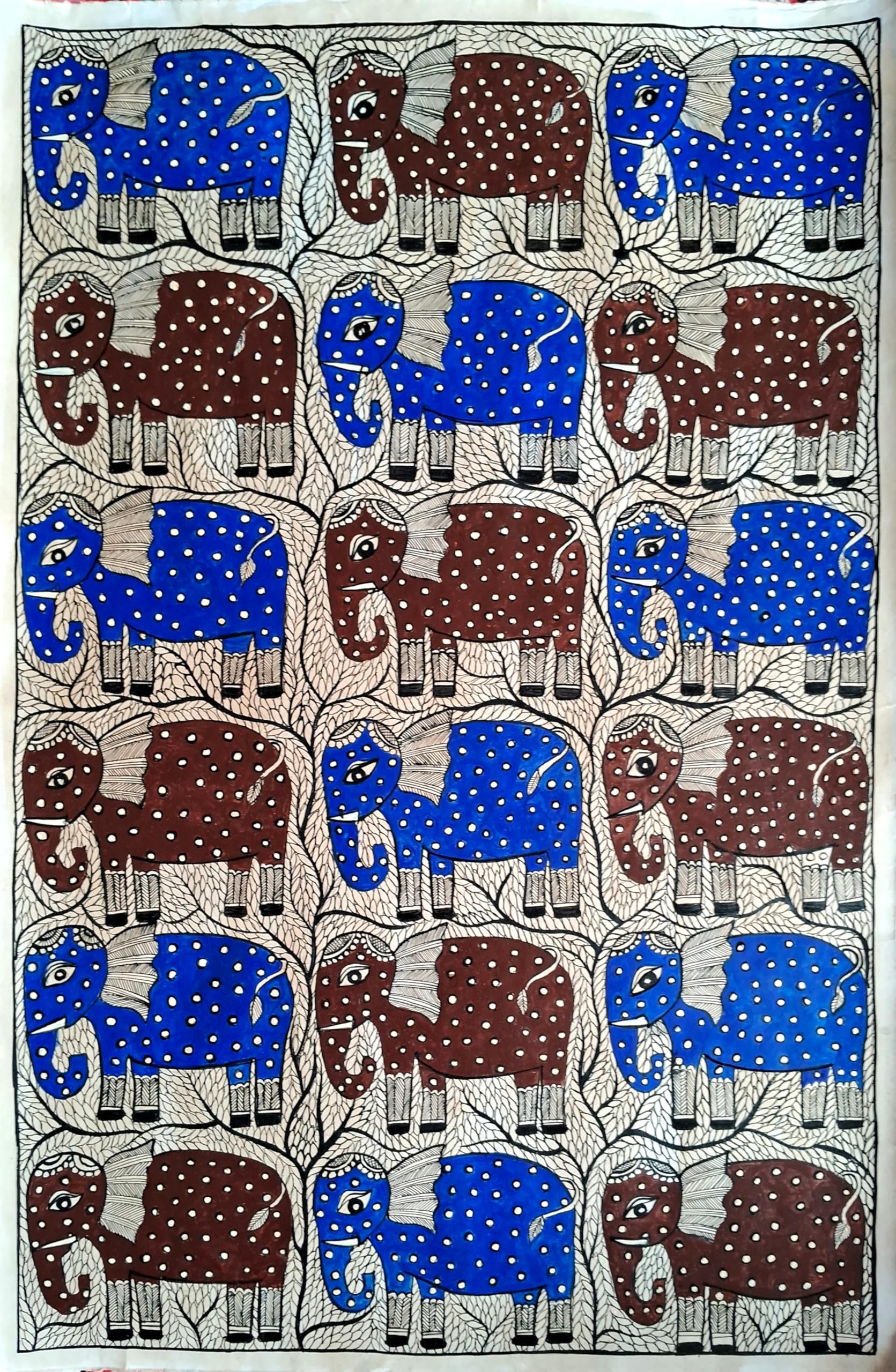 Multiple Elephants Madhubani Painting | Authentic Mithila Artworks by Mthila Kriti | handmade paper, acrylic colors.-image-45