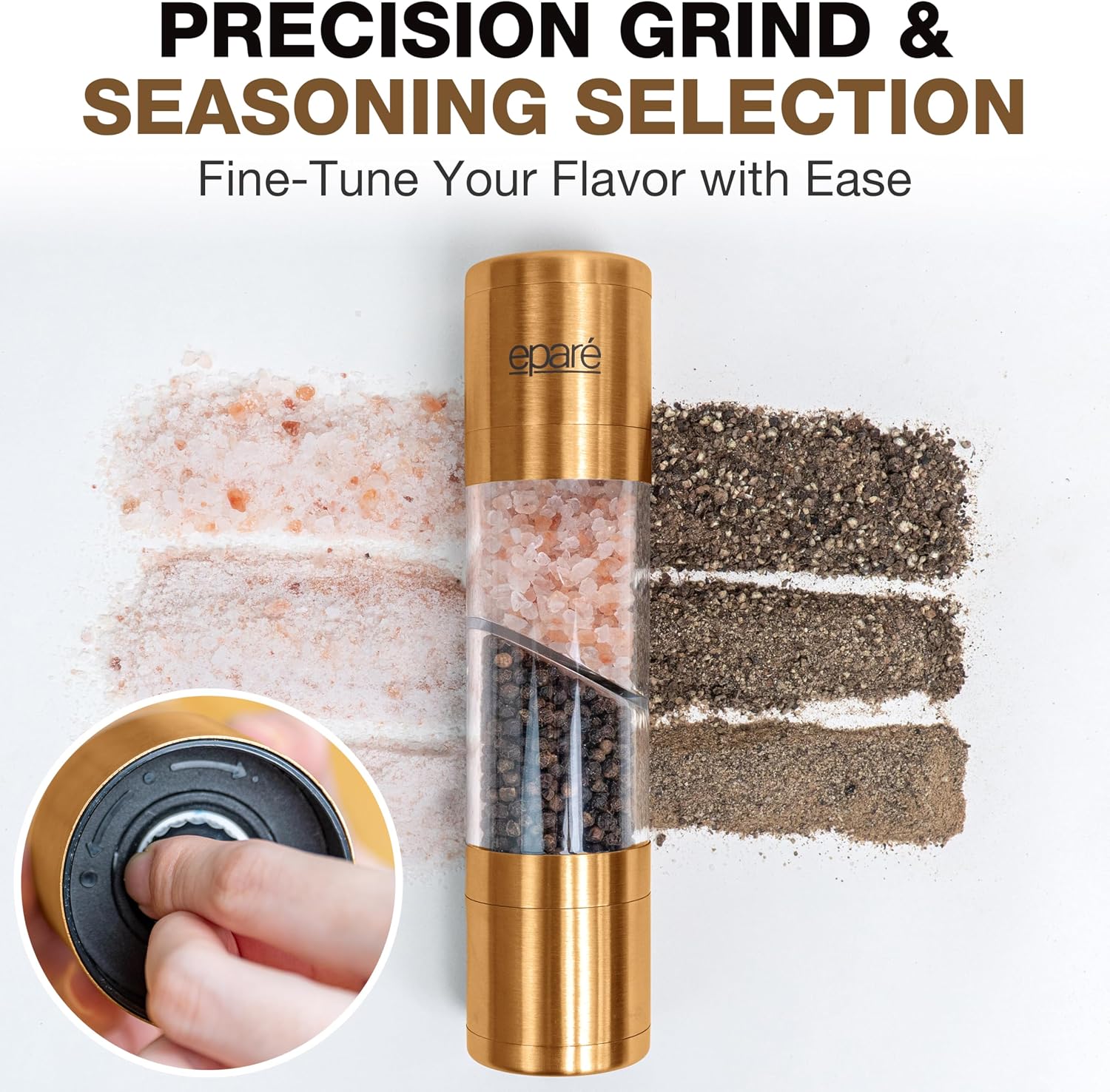 Eparé 2 in 1 Gold Salt and Pepper Grinder Combo - Brass All in One Dual Salt & Pepper Grinder Set in One for Kitchen - Manual Grinding Salt Pepper Mill Refillable - Stainless Steel