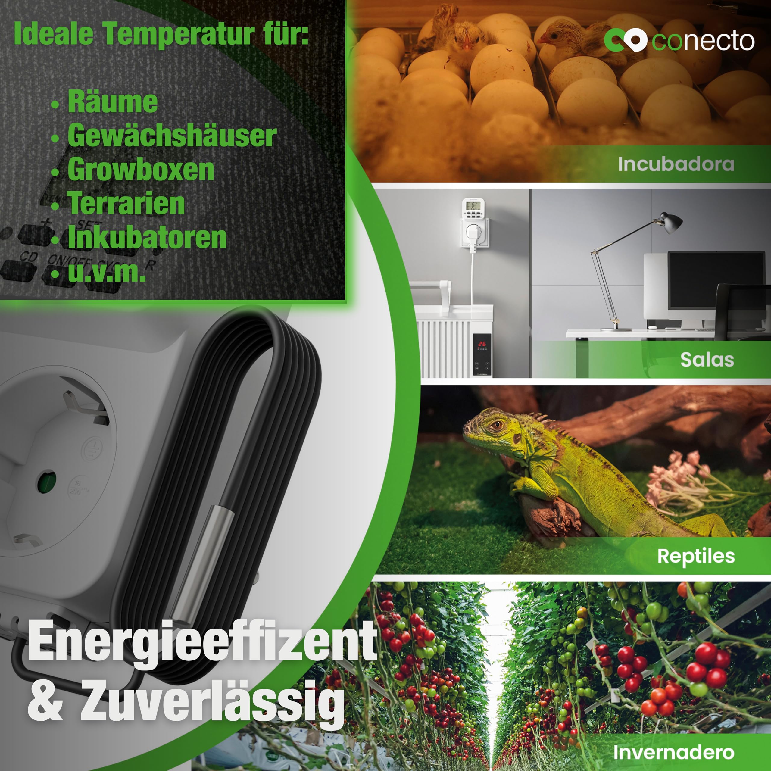 conecto Prise de Thermostat numérique avec capteur Externe et minuteur pour Terrarium, Serre, fumoir, Chauffage, régulateur de température, de Gel, 3600 W, Blanc