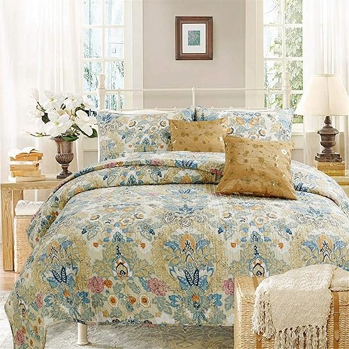 Cozy Line Home Fashions - Juego de ropa de cama reversible de algodón con estampado de flores románticas, color rosa y azul