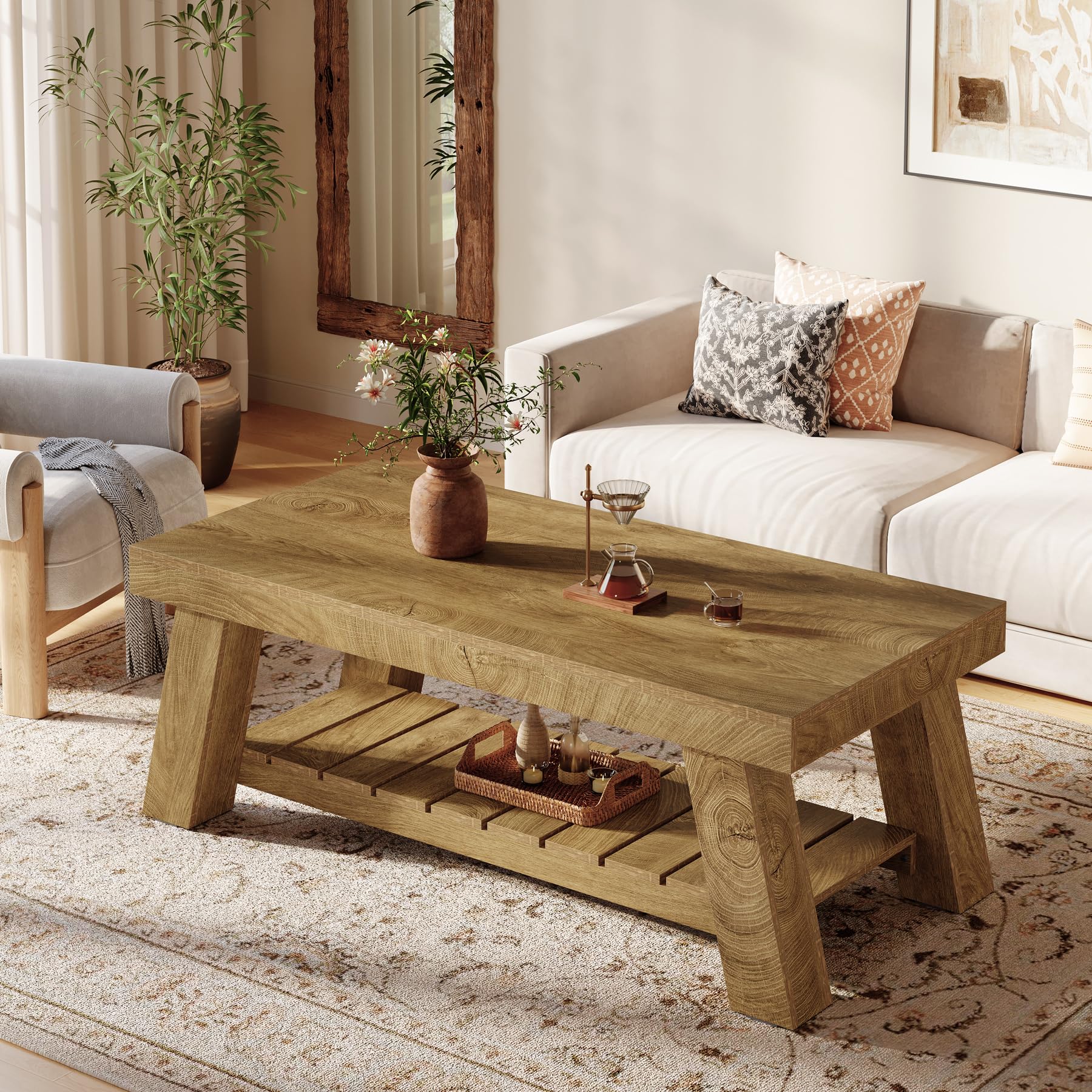 Tribesigns Mesa de Centro Rectangular, 120 cm Mesa Salon de Madera, Mesita de Café de Acento Rústica de 2 Niveles para Apartamento, Hogar