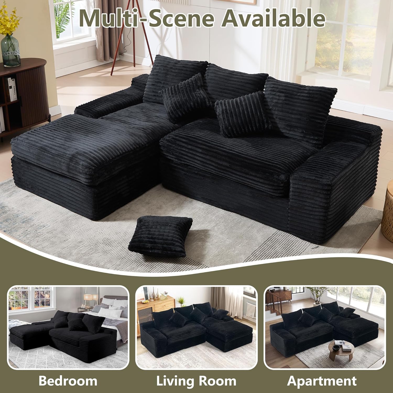 98.8" Cloud L Shaped Sectional Couch with Deep Seat, Modern Boneless Compressed Sofa with Chaise, 4 Seat Corduroy Couches for Living Room Bedroom, No Assembly Required, (Black)
