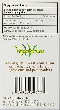 Bio Nutrition Standardized Saffron Vegi-Caps 50 Count | Saffron Extract 88.5 mg | Vegetarian Capsules