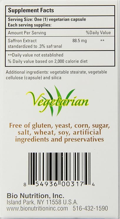 Bio Nutrition Standardized Saffron Vegi-Caps 50 Count | Saffron Extract 88.5 mg | Vegetarian Capsules