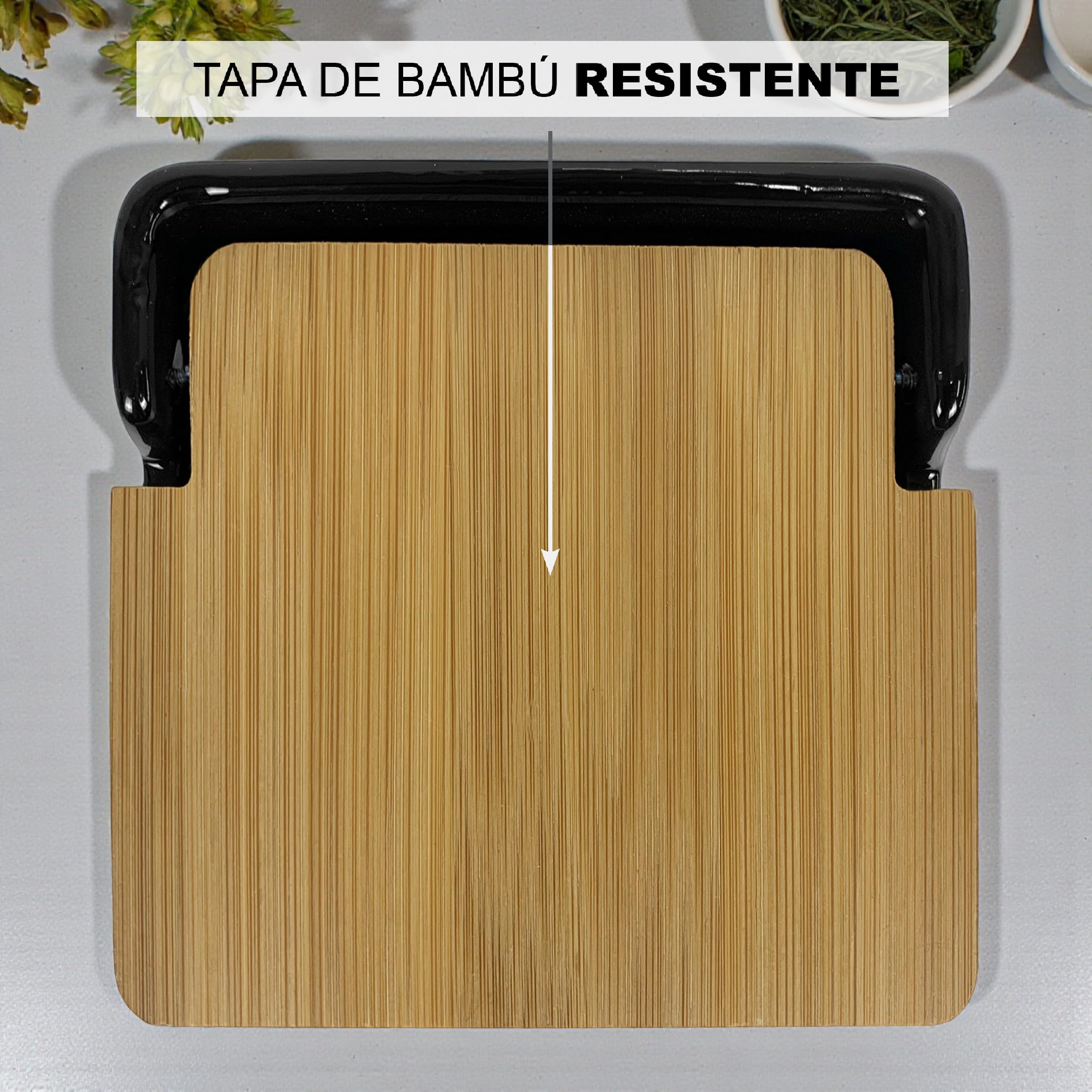 TIENDA EURASIA – Salero de Cocina de Cerámica | Tapa Abatible de Bambú | Color Negro | Medidas 12x12x11 cm | Diseño Moderno y Elegante