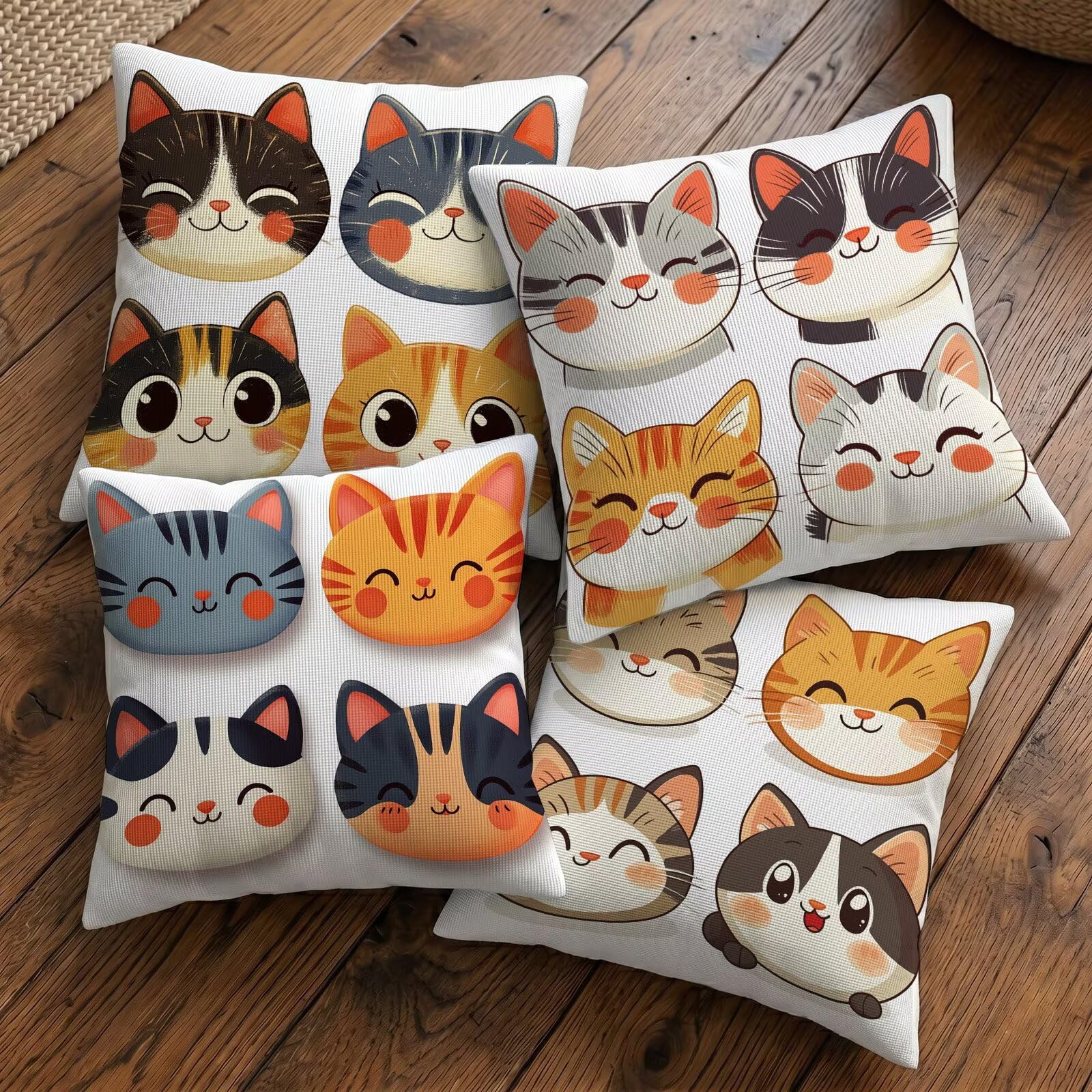 Fundas de Cojines Impermeables para Exterior Lindo Funda Cojin 55x55 cm Juego de 4 Cuadradas Lino Funda de Almohada Decorativas para Sofá Terraza Silla Jardín Cojines Decorativos (Gato) L-O339