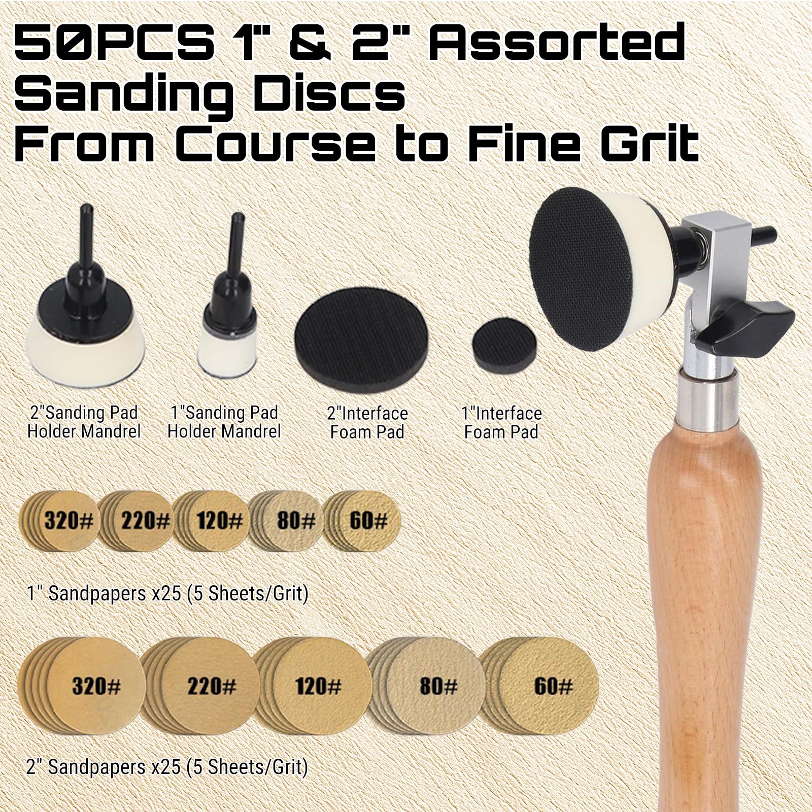 Kit De Ponceuse Pour Bol, Kit De PonçAge Pour Bol Ponceuse à Main à Bois Bols Avec TêTe De Broche Rotative, Tampon De Polissage De 1 Po Et 2 Po Et 50 Disques De PonçAge Pour Le Travail Du Bois