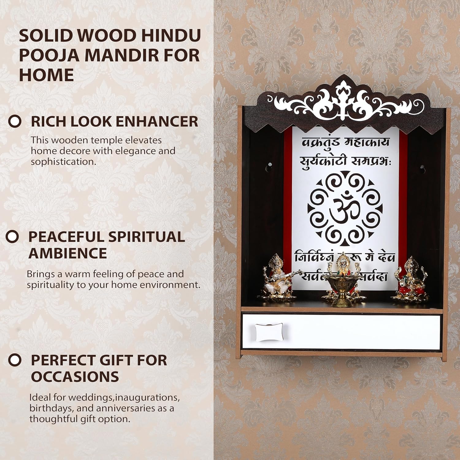 Artisan Wooden Mandir Temple | Decorative Indian Pooja Cabinet for Spiritual Rituals & Pooja Mandir with Beautiful Craftsmanship for Home Use & Home Blessings Single Stand Wooden Temple