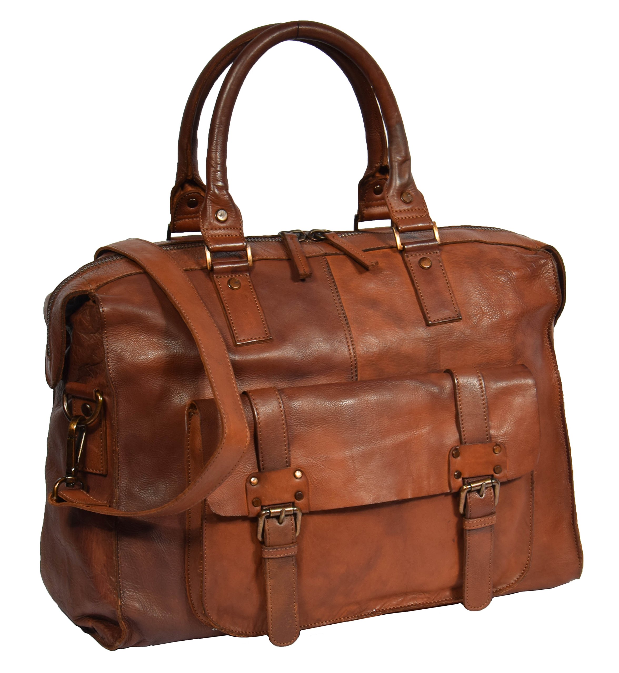 Holdall Travel Duffle Real Leather Cabin Size Bag Lightweight HOL7799 Tan