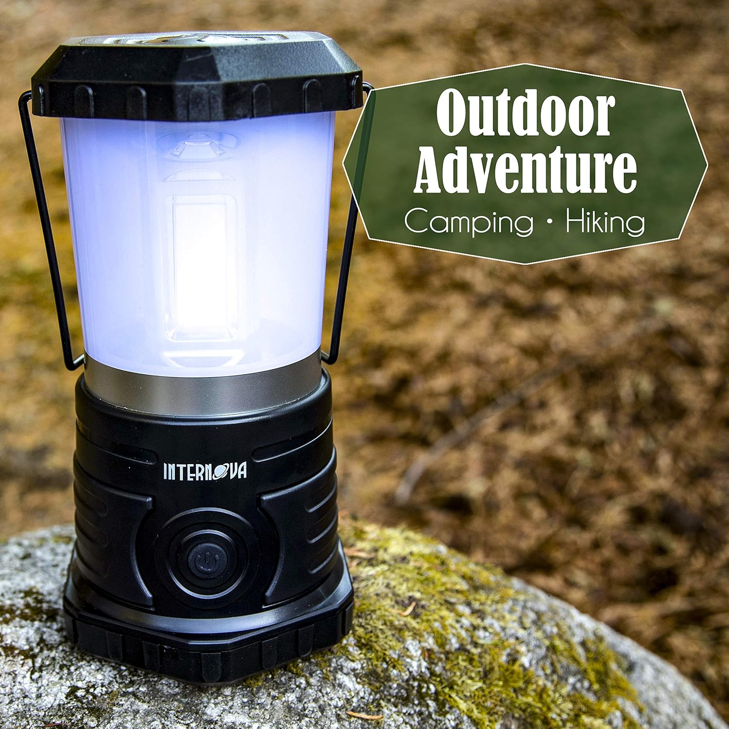 Internova 1500 Lumen LED Camping Lantern showing the retractable handle and the S-hook on the base for hanging.