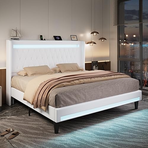 Miniatura 14 de Allewie Base de cama con plataforma tapizada tamaño Queen con luz LED y estación de carga, cabecera alta con botones acolchados, diseño de respaldo