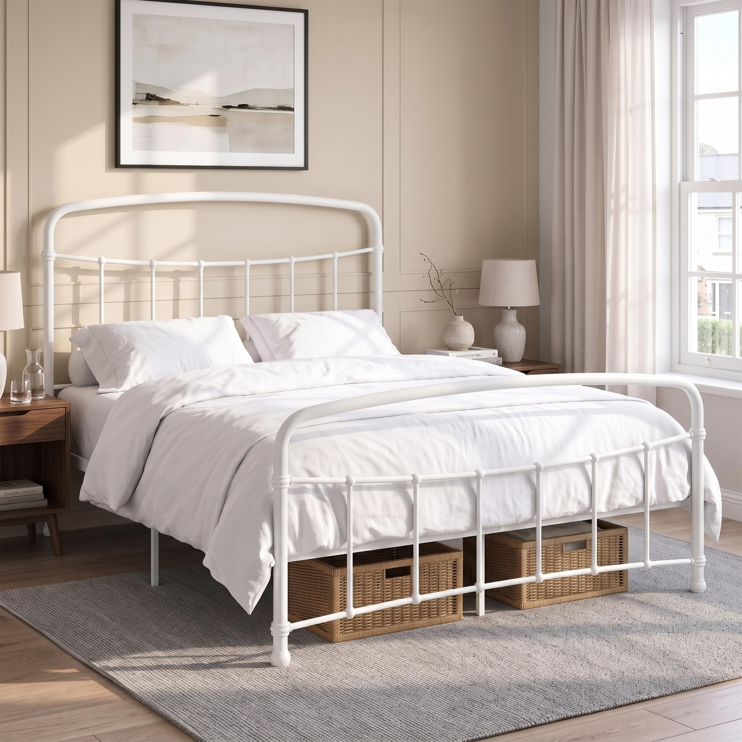 Blisswood 4FT6 Double Bed Frame Metal, Heavy Duty Metal Bed with Modern Vertical Line Curved Headboard & Footboard, Full Metal Slatted Base, 32cm Under Bed Storage, No Box Spring Required, White