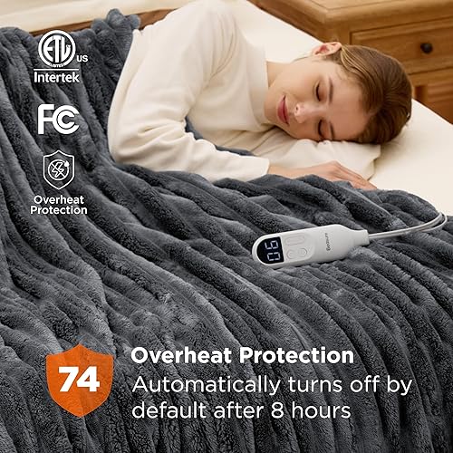 Vista 44 de Bedsure GentleSoft - Manta térmica eléctrica, suave manta eléctrica de franela acanalada, calefacción con 4 ajustes de tiempo, 6 ajustes de calor