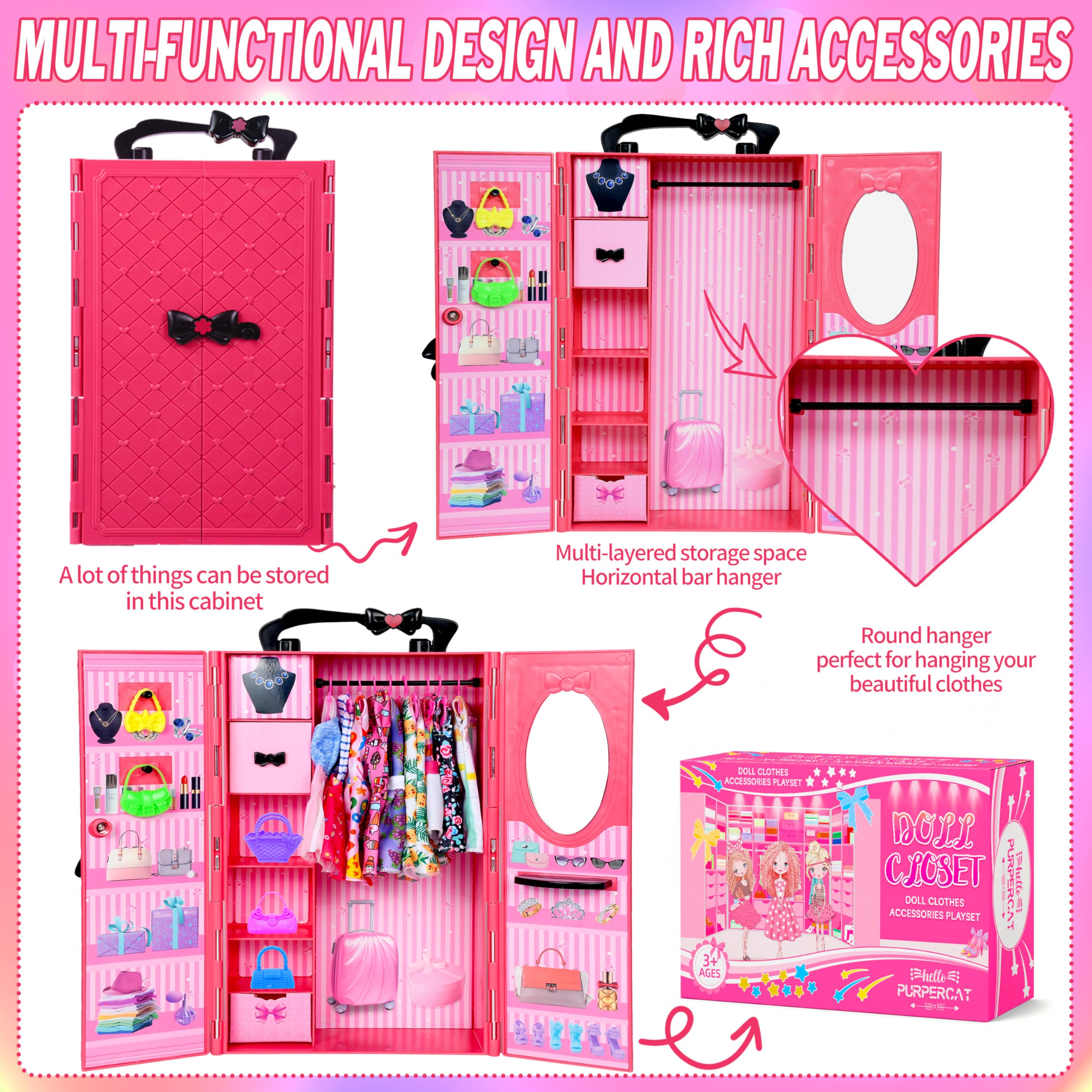 BiiMii 150 Pack Doll Closet Wardrobe Set - 19 Complete Clothes and 131 Pieces Accessories - Wardrobe, Shoes, Necklace, Bags and More for 11.5 Inch Dolls
