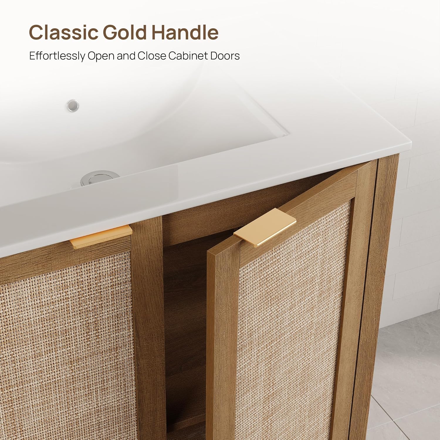 SICOTAS Rattan Bathroom Vanity with Deep Ceramic Sink, Boho Bathroom Vanity Cabinet with Large Storage, Freestanding Storage Cabinet with Soft Closing Doors & Adjustable Shelf, Natural Oak, 2 PCS