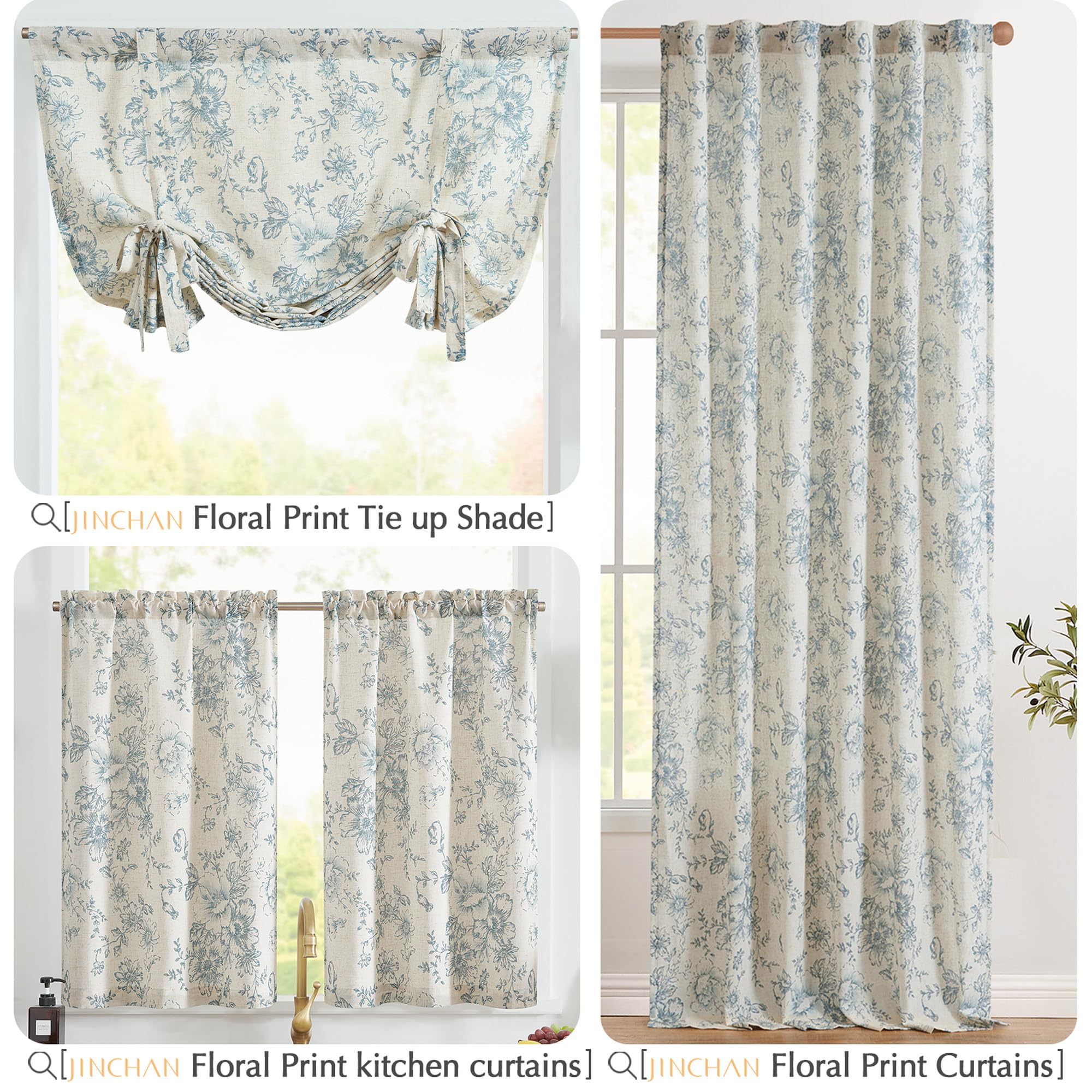 jinchan Linen Cafe Curtains 36 in Blue Floral Farmhouse Tier 2 Panels — product photo