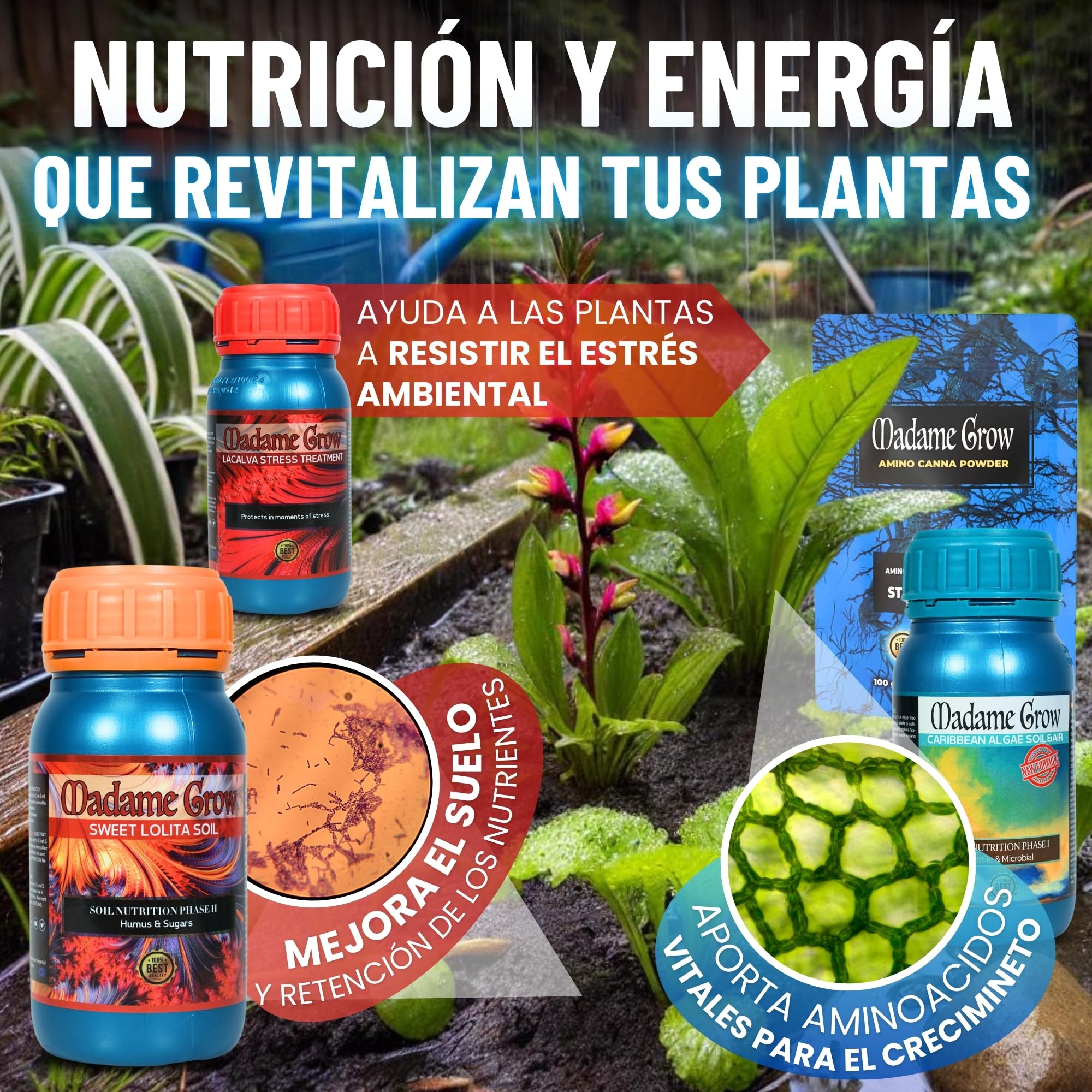 MADAME GROW Fertilizante 420 Plantas Verdes - Fertilizante para plantas verdes - Fertilizante líquido para plantas - Fertilizante universal para el crecimiento(KIT PREMIUM 9 6x250ml +30g + 50g + 100g)
