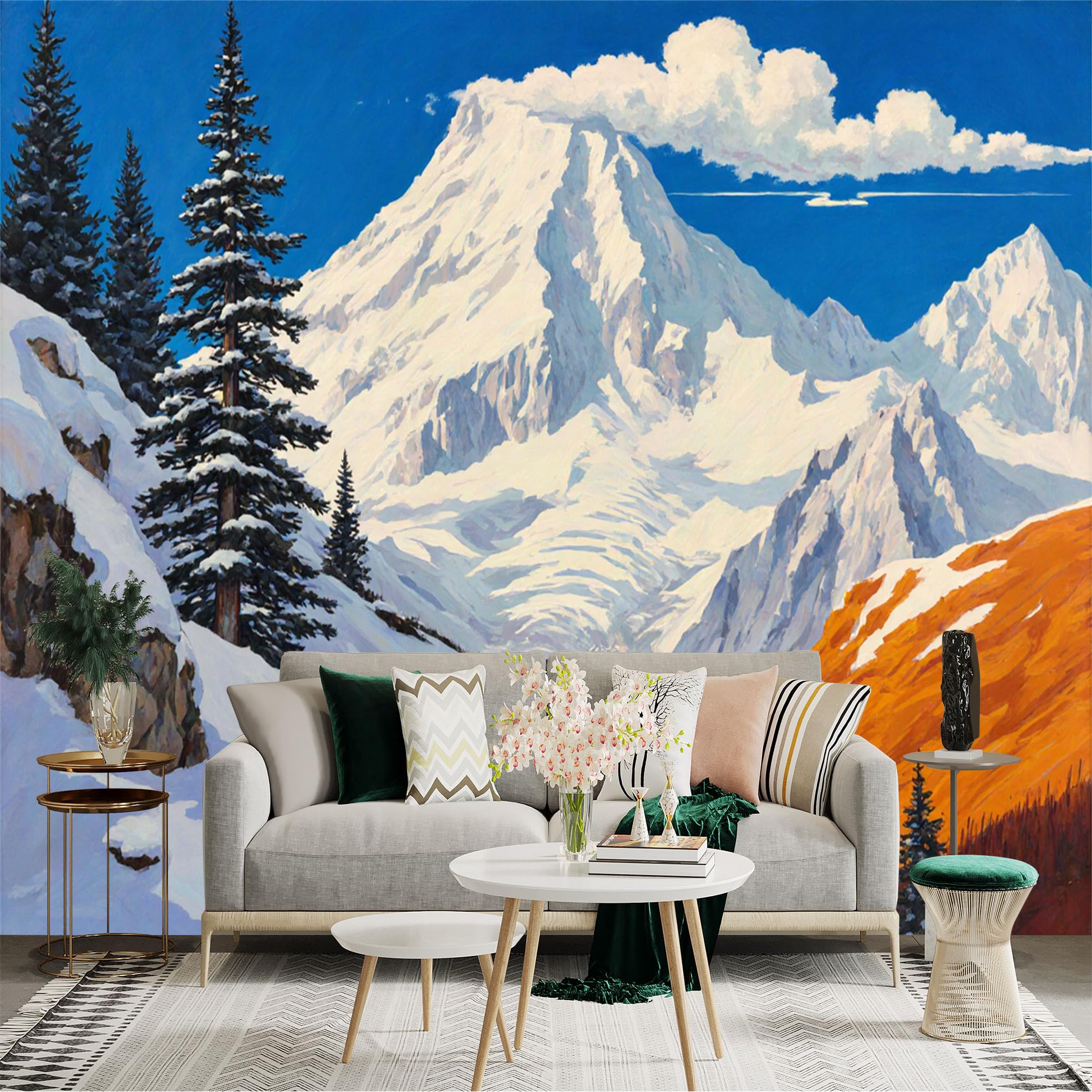 Lnzczhyre Xc260505416 Custom Size Wall Sticker Mural， Snowy Mountain Peak， Winter Alpine Scenery， Evergreen Pine Trees， Majestic Nature Landscape， For Wall Decoration， Peelandstick Wall Decals.