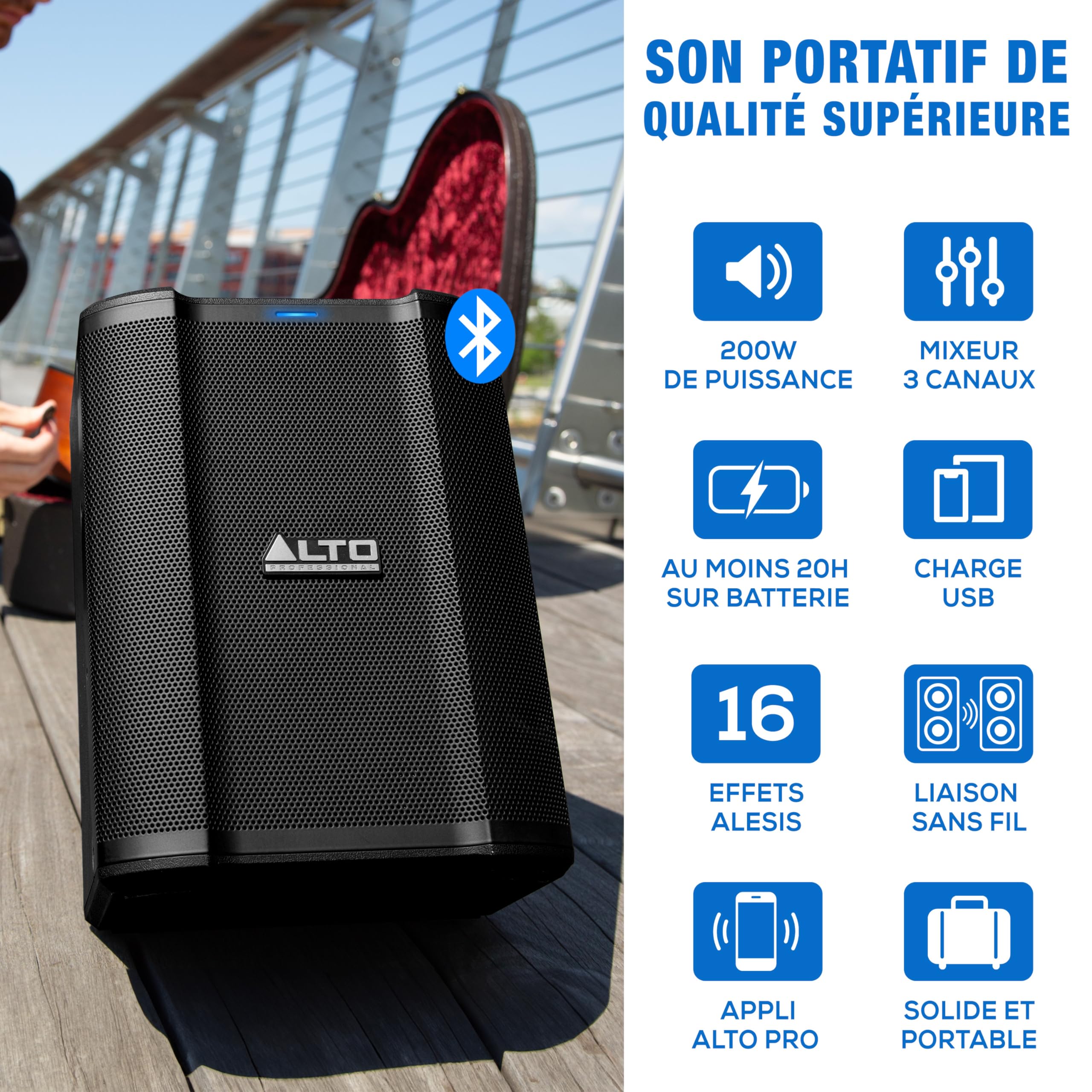 ALTO Busker Enceinte amplifiée Portable 200W avec Batterie Rechargeable, Bluetooth, mixeur 3 canaux, Alesis FX, contrôle appli, Chargement USB