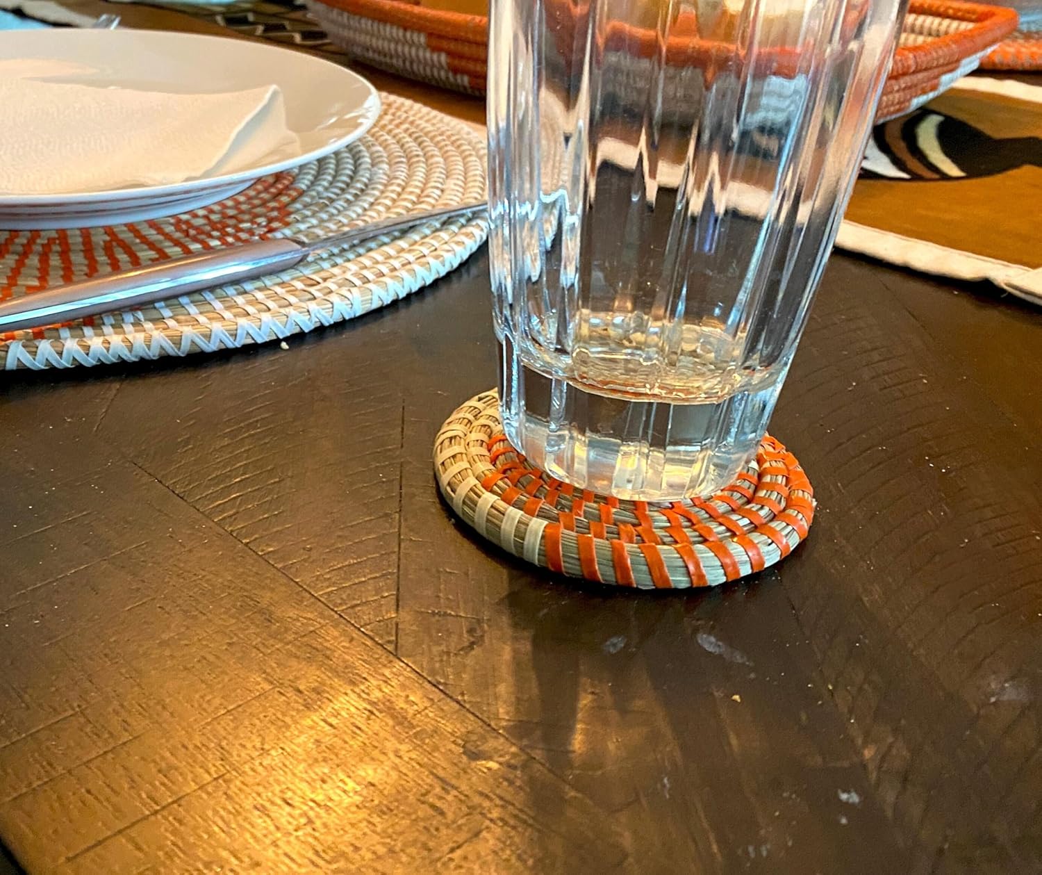 Handmade Senegal Coasters: Orange & White Woven Bread Coasters - Set of 4
