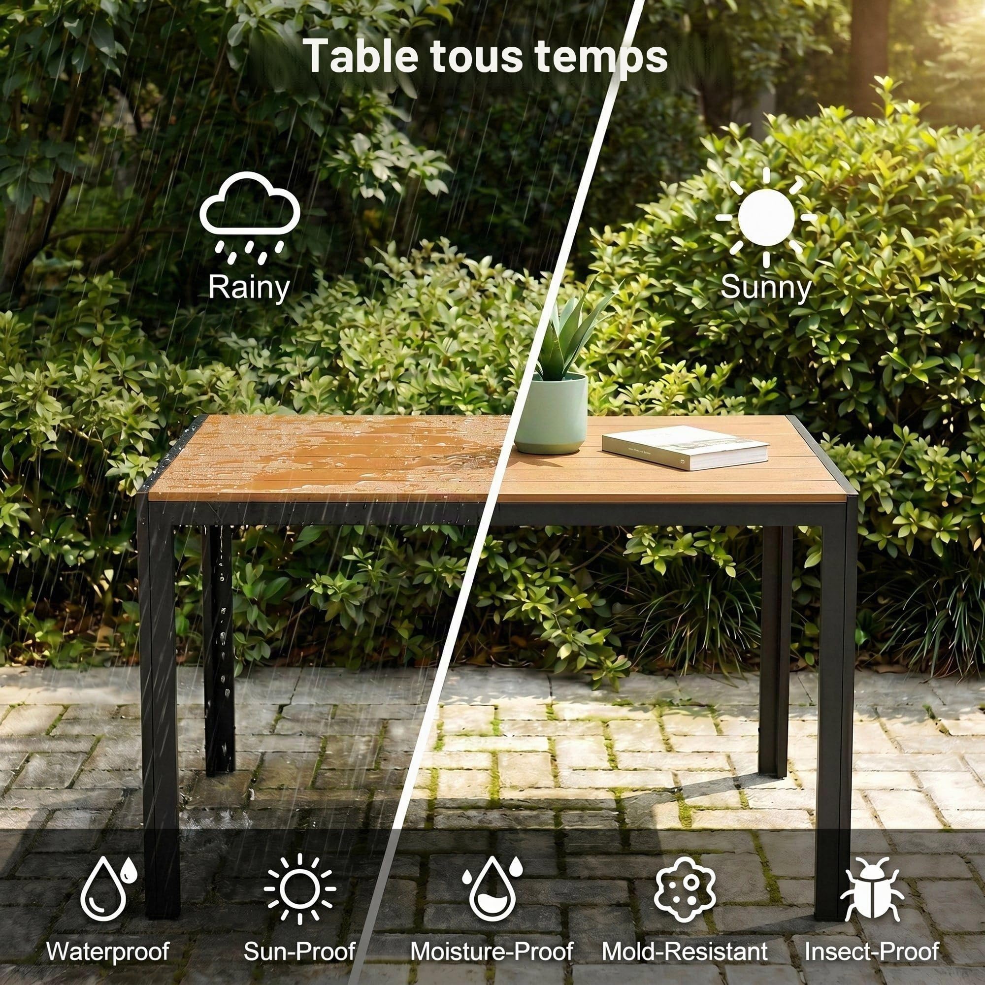 LIFERUN Table de Jardin 110x70 cm WPC pour 4-6 Personnes avec Cadre en Aluminium Brun Teck