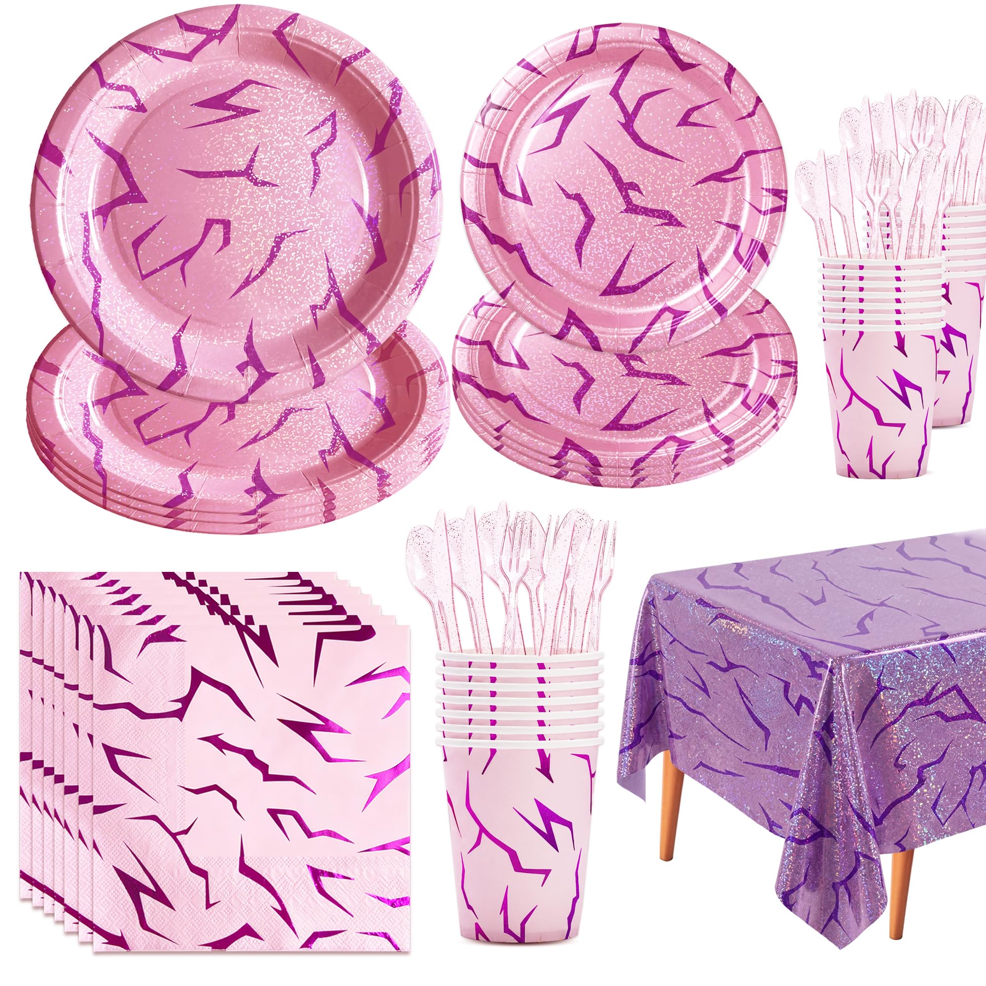 ZenDecor 169 Pcs Demon Movie Hunters Birthday Party Supplies for 24 Guests, Kpop Birthday Decorations, Pink Holographic Laser Energy Pattern Party Tableware, K Pop Demon Party Decoration