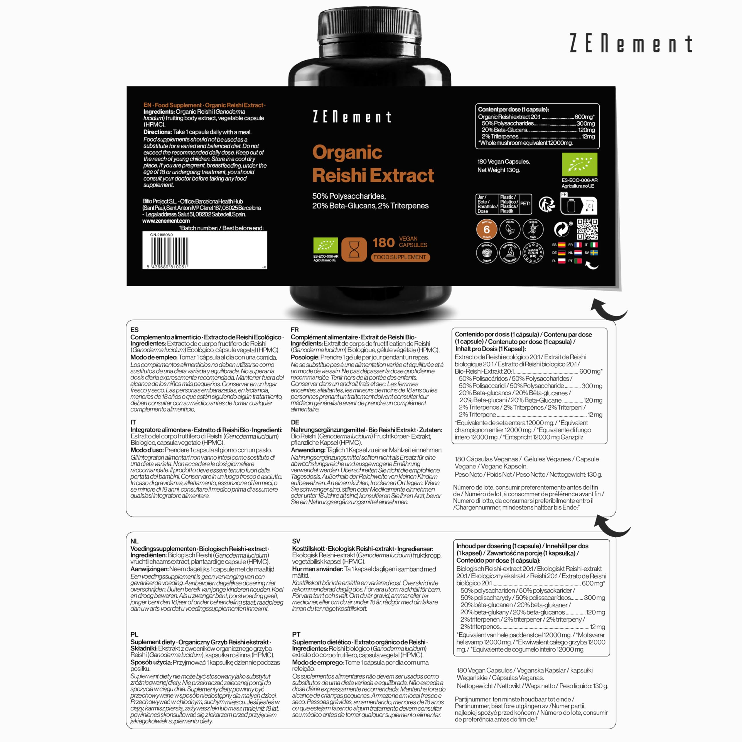 Extrait de Reishi Biologique 12000 mg (20:1) - 50% Polysaccharides, 20% Bêta-Glucanes, 2% Triterpènes (Ganoderma Lucidum) - 180 Gélules Véganes (6 Mois) - Sans Additifs, Sans OGM - Zenement