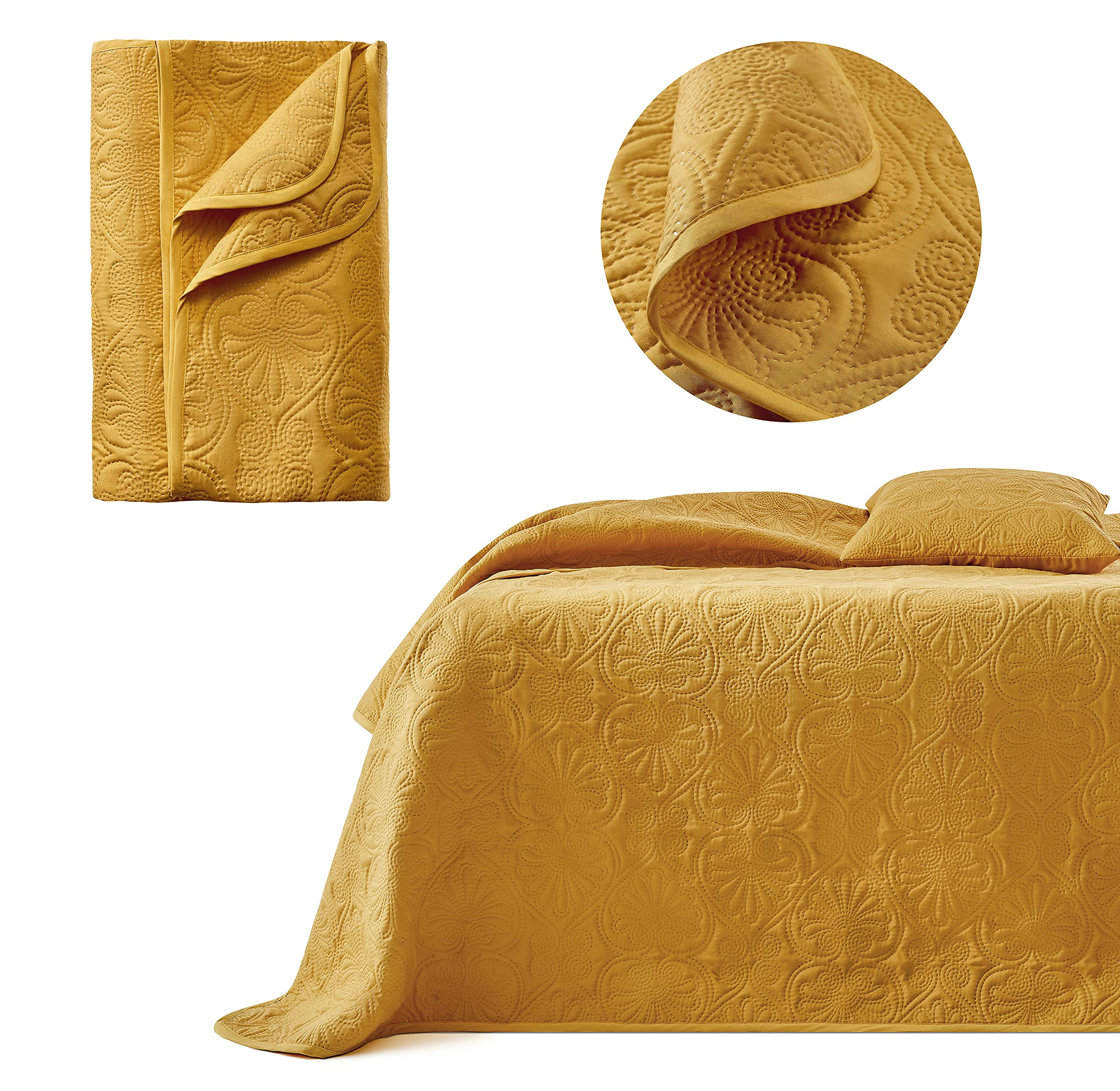 ROOM99 Leila Elegante Colcha en Mostaza, 240 x 260 cm, versátil, como Colcha para Cama o sofá, Ideal como Cama y sofá