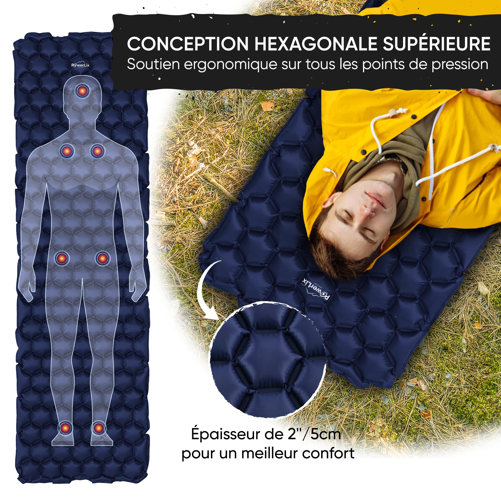 POWERLIX Tapis de Couchage Gonflable Ultra léger, idéal pour Le Camping, Le Sac à Dos, la randonnée – Airpad, Sac de gonflage, Sac de Transport, kit de réparation Bleu Marine