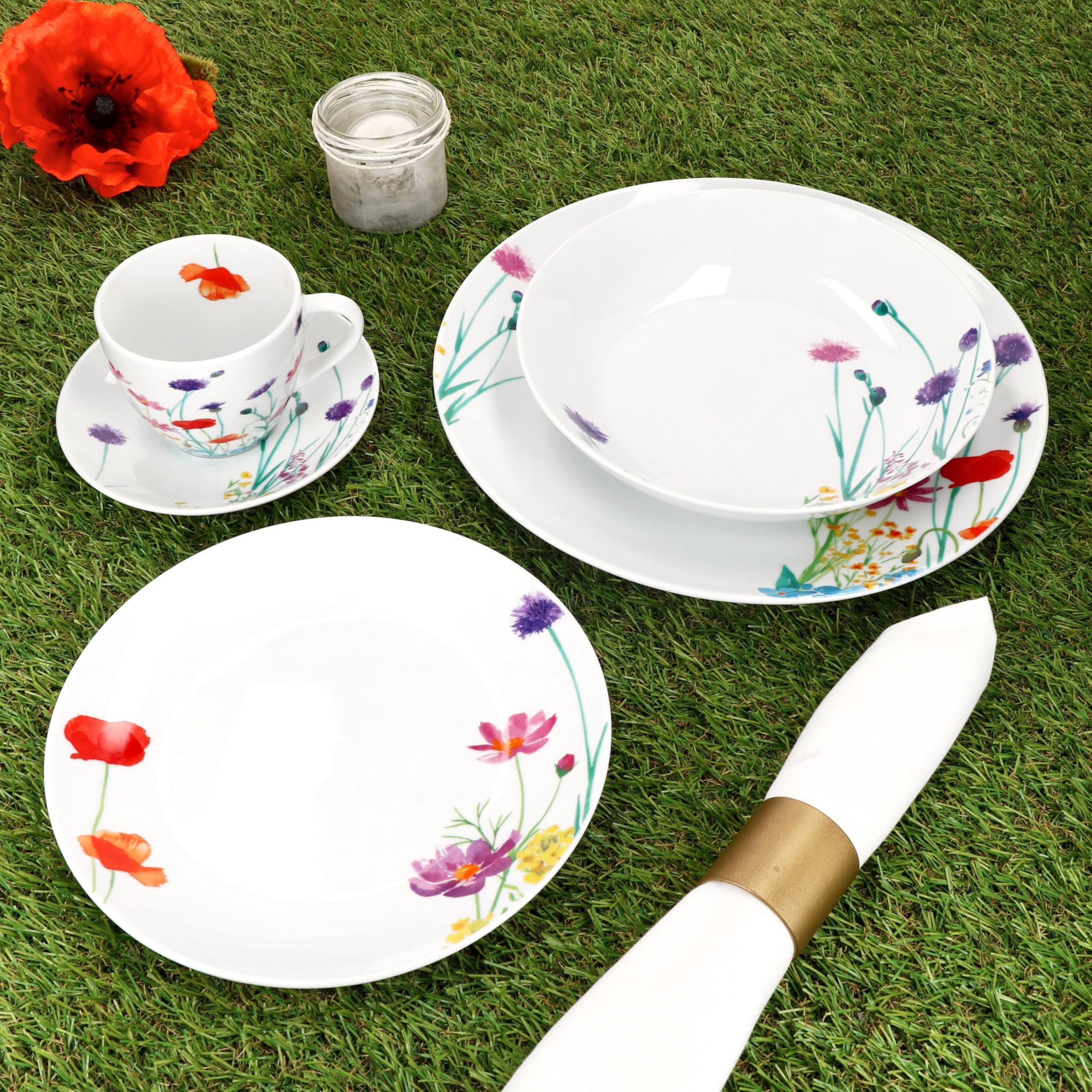 MamboCat Marie Servizio combinato da 30 pezzi, in porcellana con decorazione prato floreale, per 6 persone, 6 tazze, piattini, piatti da torta, piatti fondi e piatti piani