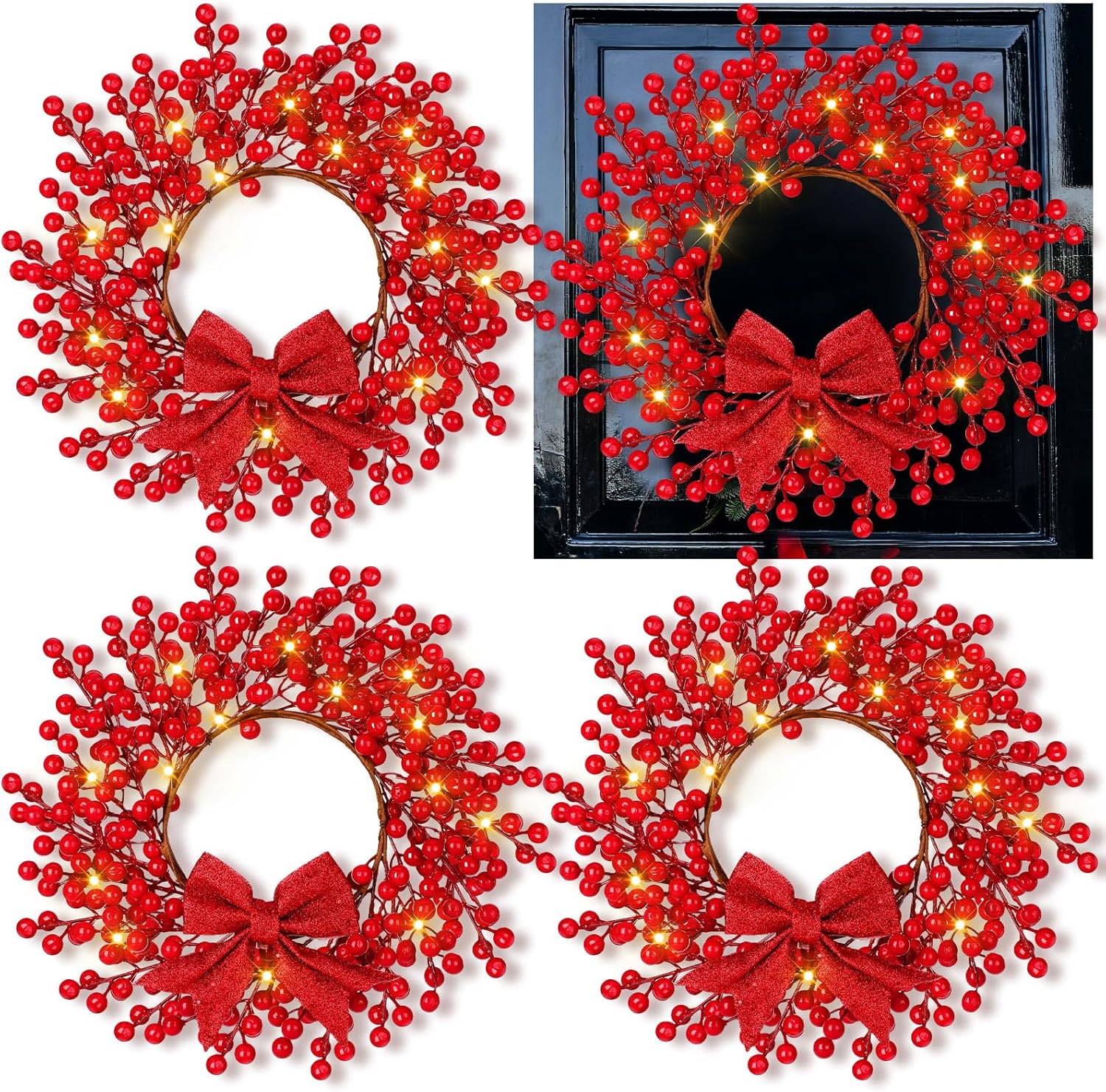 dingion 4 pack christmas mini wreath for cabinets 13 inch pre-lit artificial red berry wreath bulk with led lights and bow xmas winter holiday decor for kitchen front door wall window home