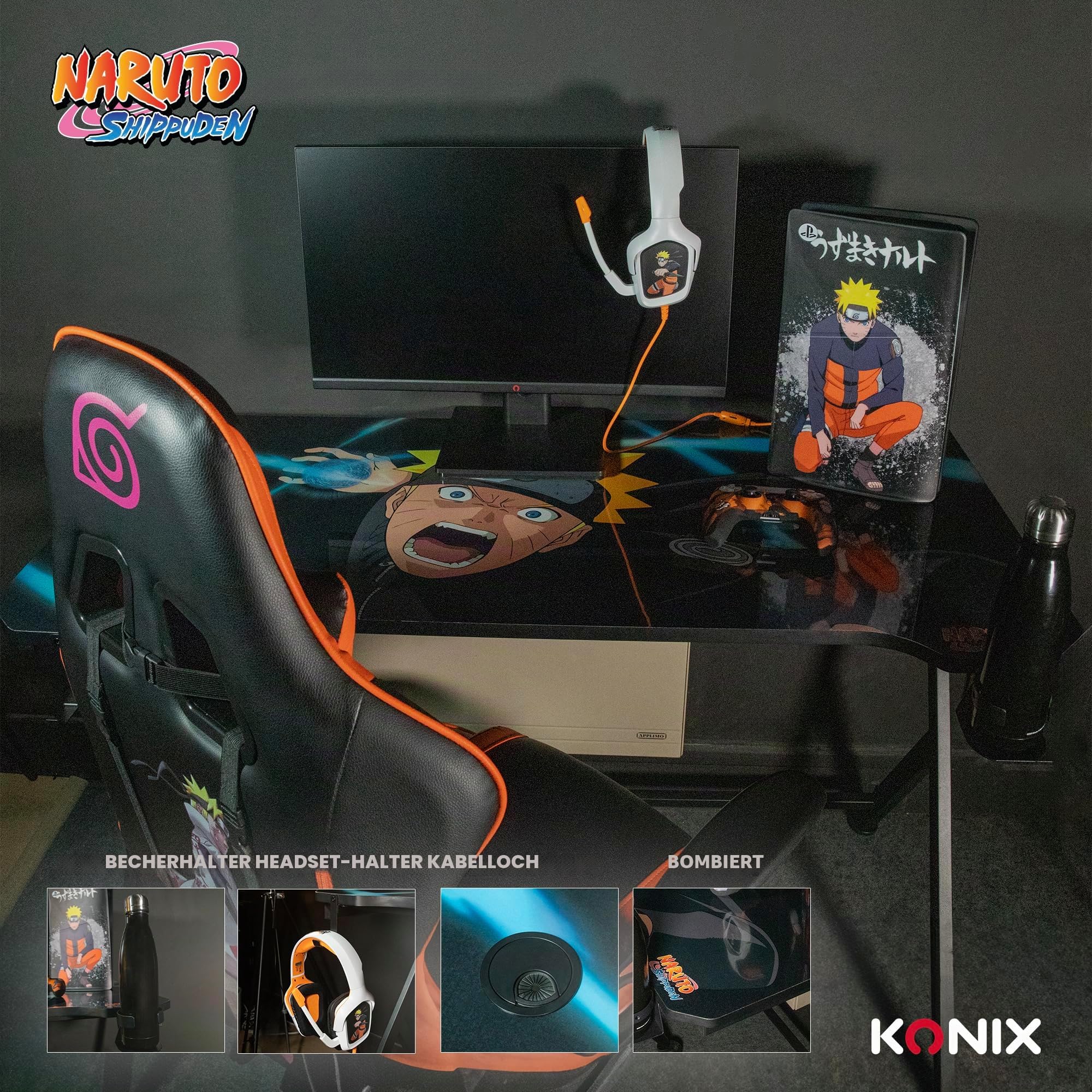 Konix Naruto Shippuden Gaming Schreibtisch 121 x 69 x 76 cm in Y-Form - Holz- und Metalltisch - Becherhalter - Kopfhörerhalter - Naruto Rasengan Motiv