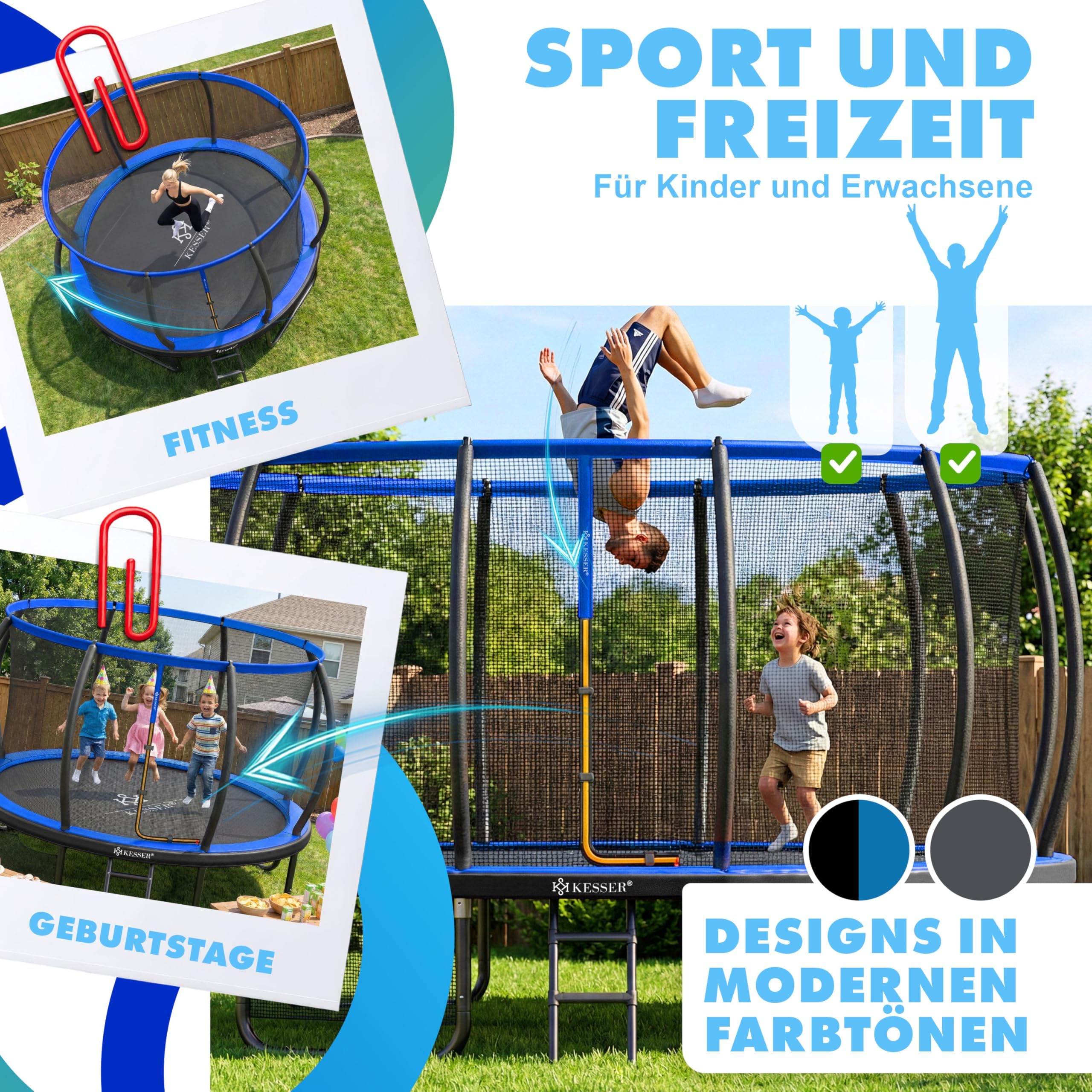 KESSER® Trampolín exterior Ø 244/305/366/427 cm, certificado GS, cama elástica de jardín para niños y adultos < 150 kg con red de seguridad, incluye bolsa, escalera, cubierta de borde y barras de red