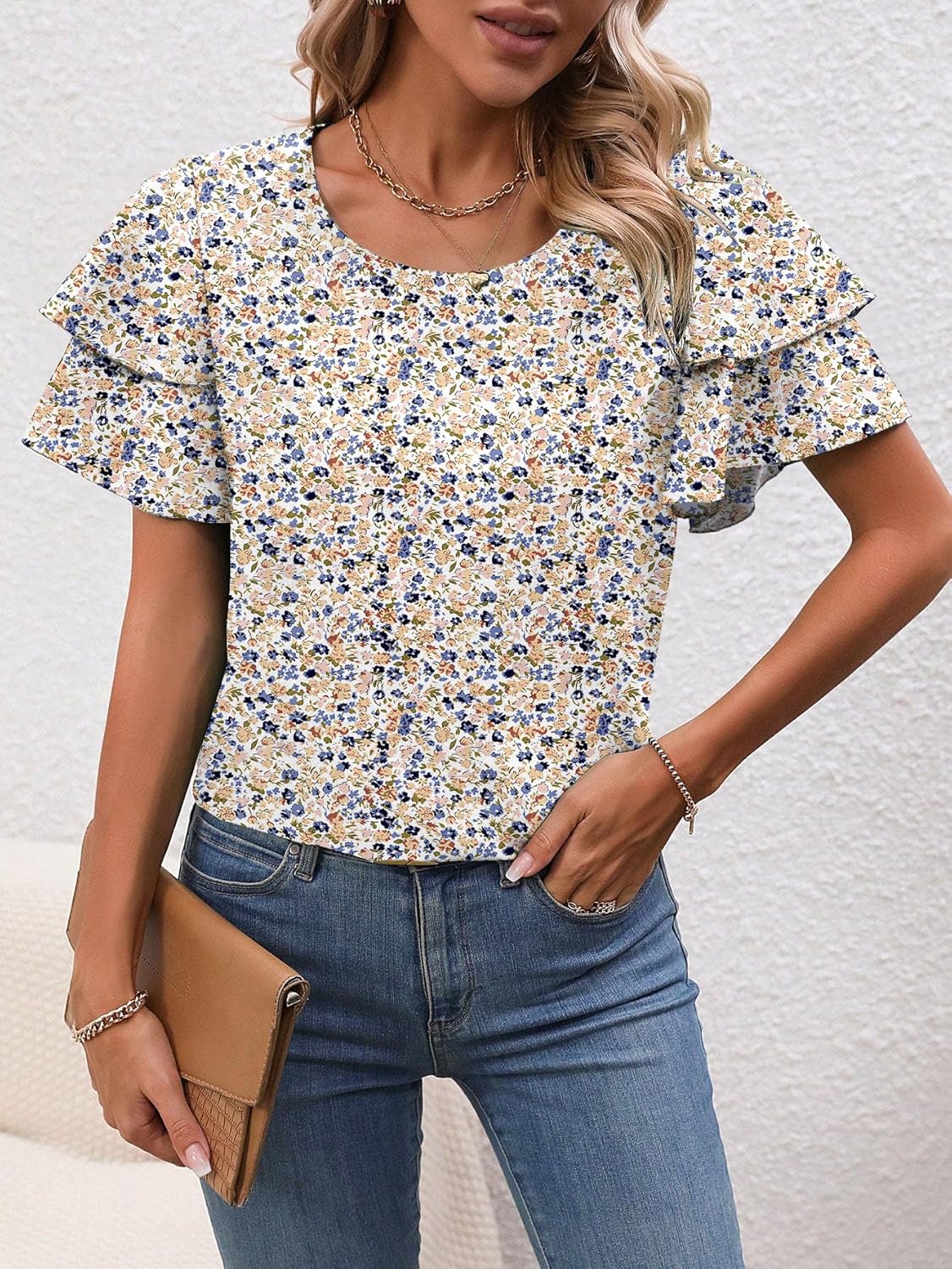 Womens Tops Dressy Casual Floral Crewneck Flutter Sleeve Tops Flowy Shirts Chiffon Blouses Business Clothes - Image 2