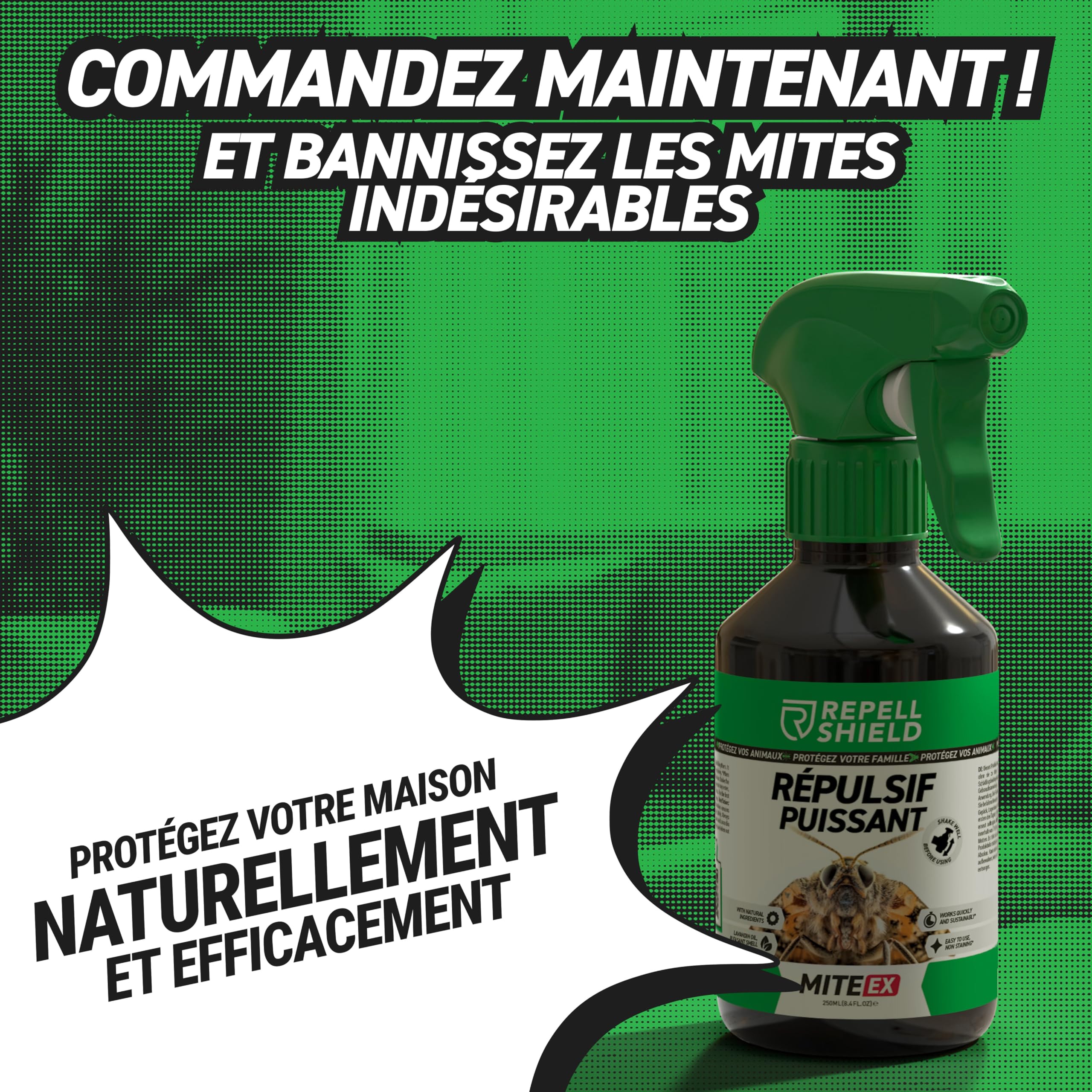 RepellShield® Lavande Spray Anti Mites Textiles -250ml- Non Tachant - Aux Huiles Essentielles Naturelles - Barrière Répulsive Anti Mites Vetements pour Penderie, Armoires, Literie, Rideaux, Tapis