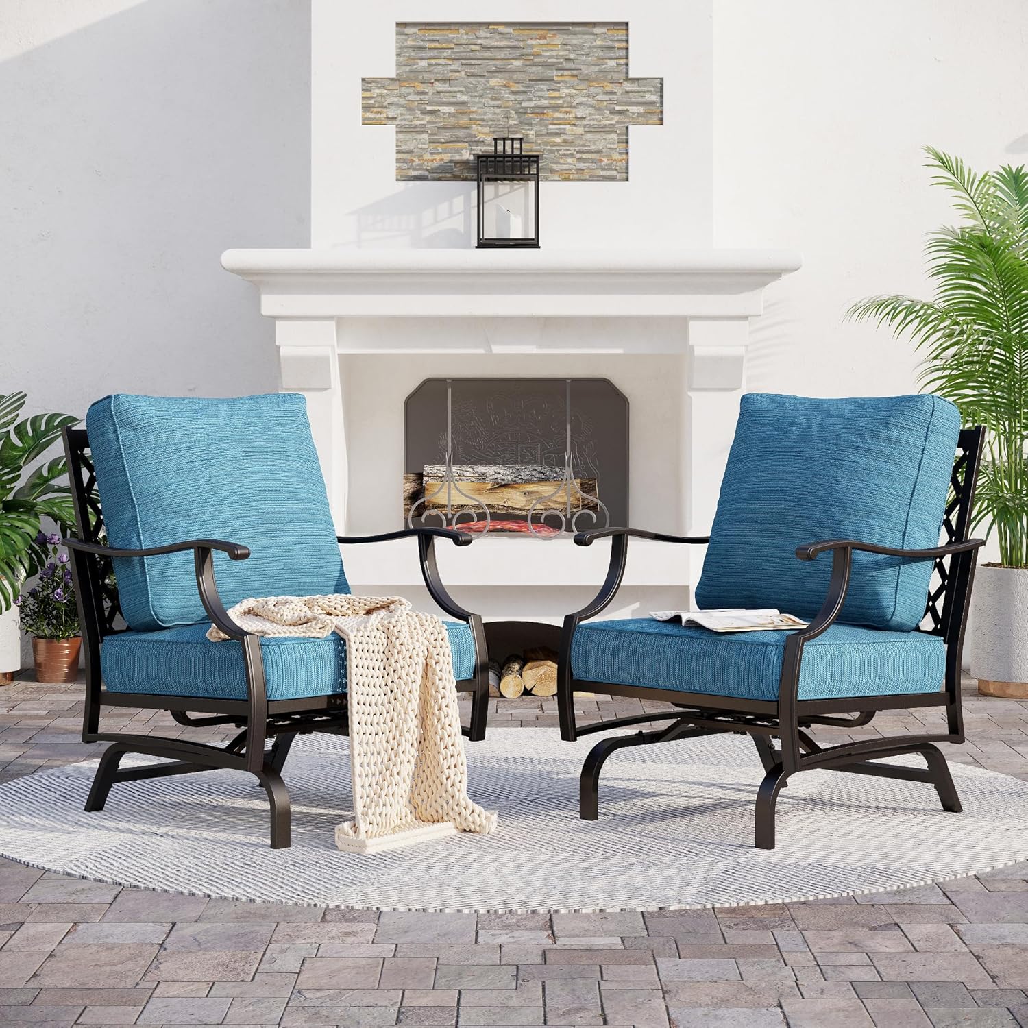 SUNSHINE VALLEY Metal Outdoor Rocker Patio Chairs Set of 2 with 5.75" Extra Thick Cushion, 2 Piece High Back Rocker Patio Chairs All Weather Outdoor Furniture Seating for Deck Balcony Porch, Blue-2