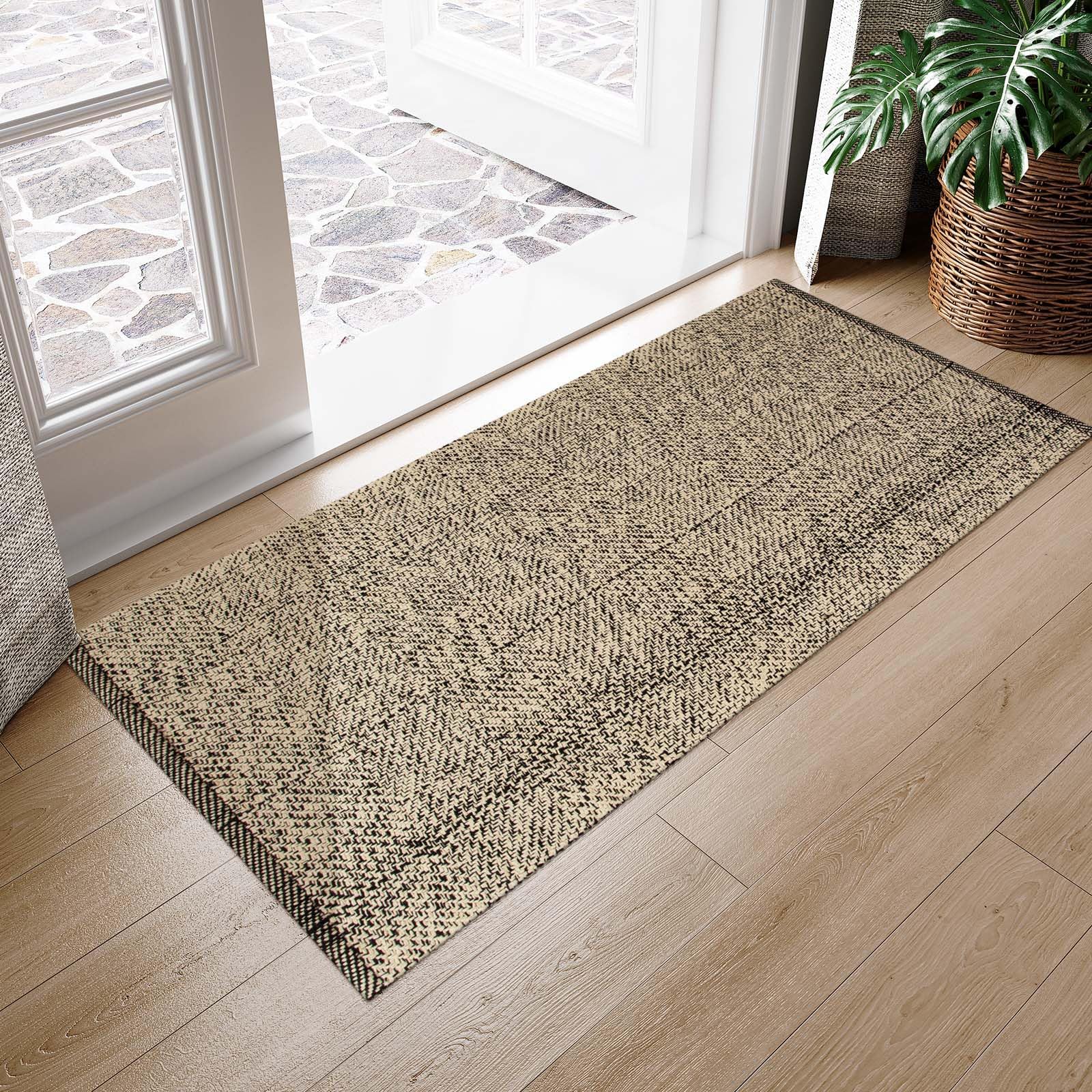 LEEVAN Washable Kitchen Rug 2' x 4.3', Natural Bathroom Runner Rug, Reversible Small Hallyway Rug, Farmhouse Low Profile Front Door Mat, Modern
