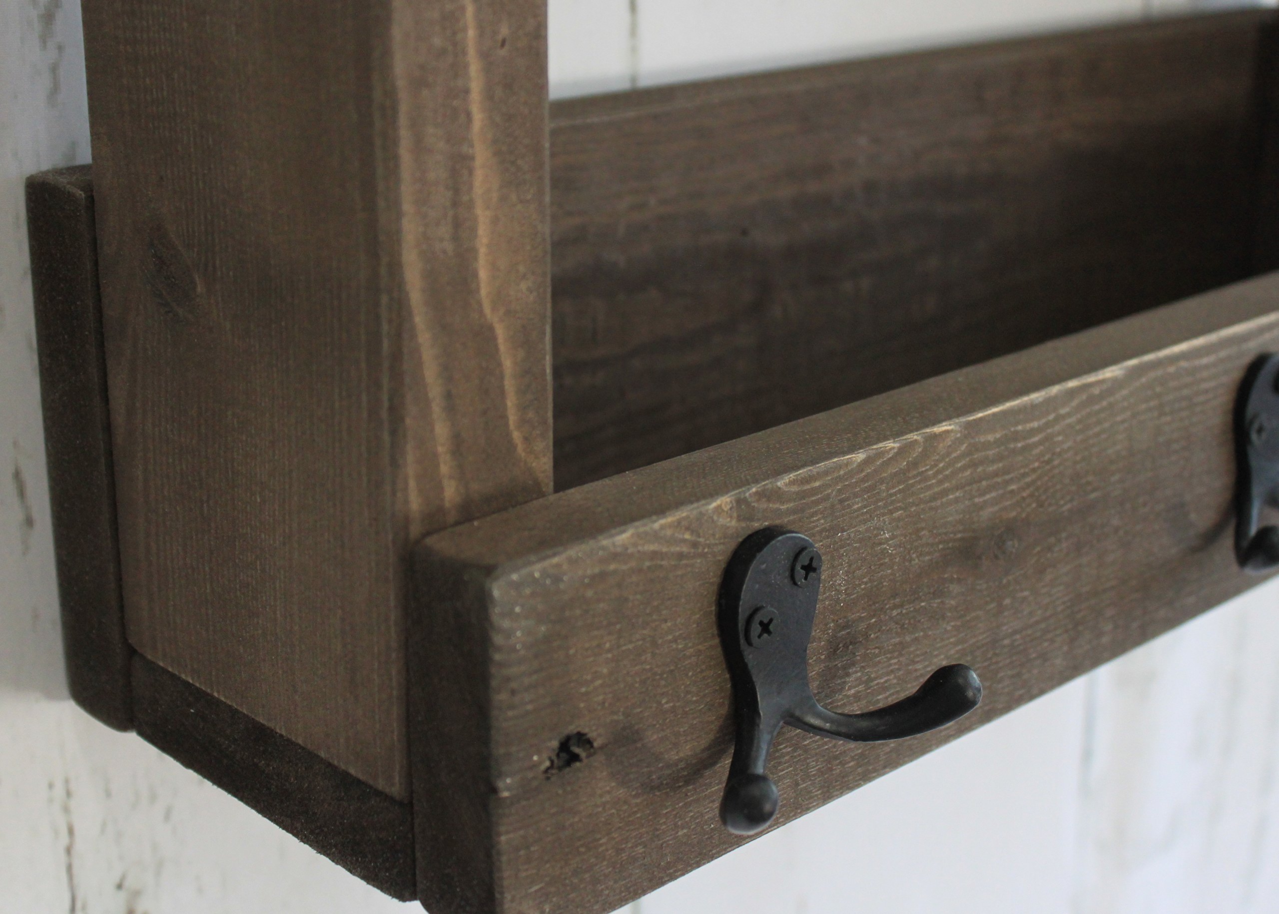 Gewürzregal aus Holz für die Wand - Braun - 2 Stellflächen und Metall Haken - 42 x 50 x 17 cm - Massivholz
